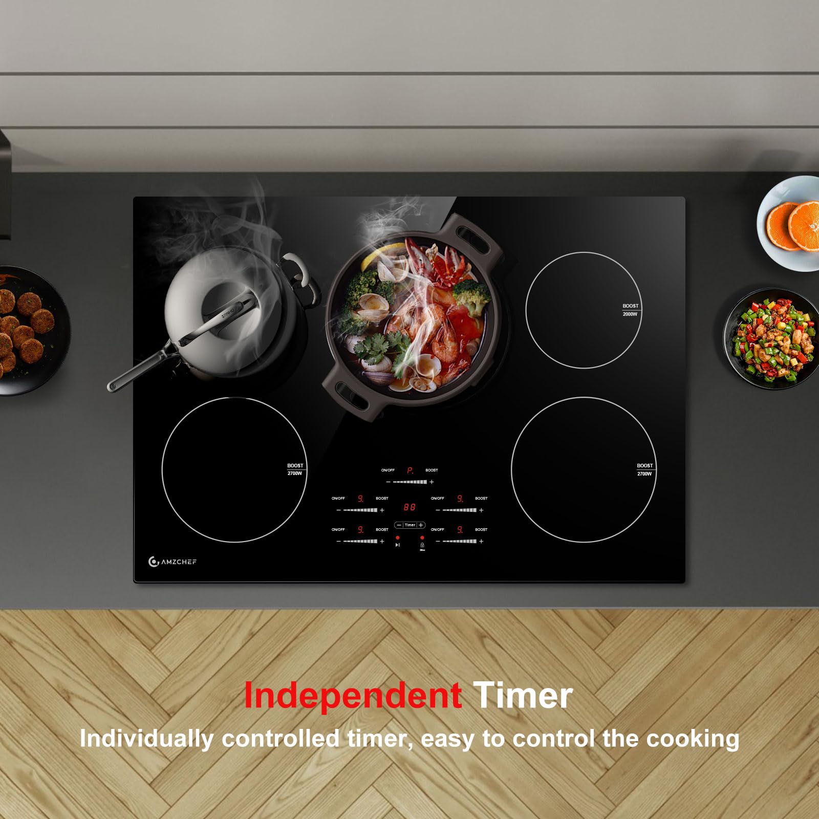AMZCHEF 30 Inch 10600W Built-in Induction Cooktop with 5 Boost Burners - 9 Power Levels, Slide Touchscreen Control, Child Safety Lock, Independent Timer - 240V No Plug - Perfect for Home Kitchen, Restaurant & Commercial Cooking