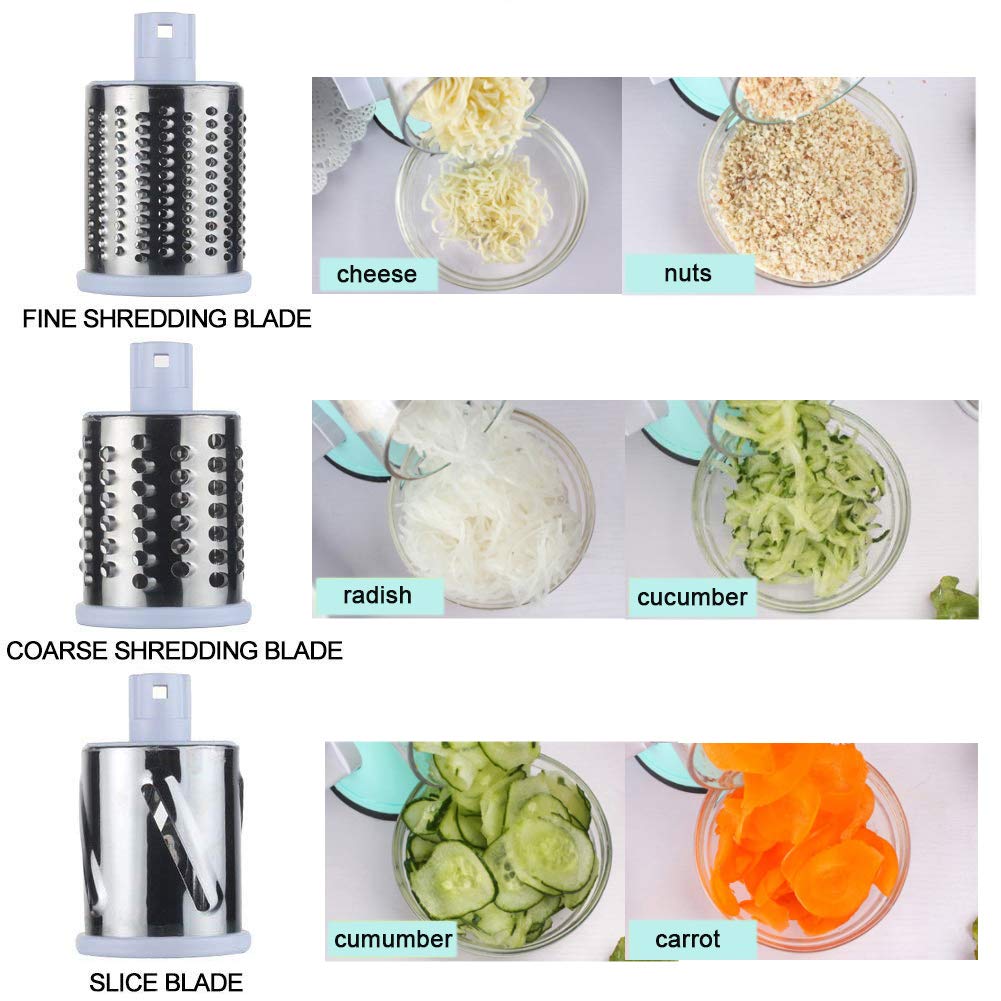 Premium Rotary Cheese Grater - Stainless Steel Vegetable Slicer for Potato, Carrot & Nuts - Includes Cleaning Brush - Blue Kitchen Mandoline - Perfect for Salads, Pasta & Meal Prep