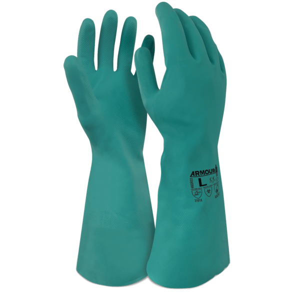 Armour Green Nitrile Coated Work Gloves - 12 Pairs (33cm) - Heavy Duty, Chemical Resistant for Construction, Cleaning & Industrial Use