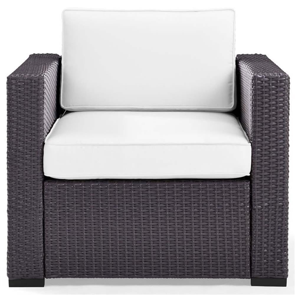White/Brown Wicker Rattan Fabric Patio Arm Chair - Outdoor Garden, Poolside, or Balcony Relaxation Furniture