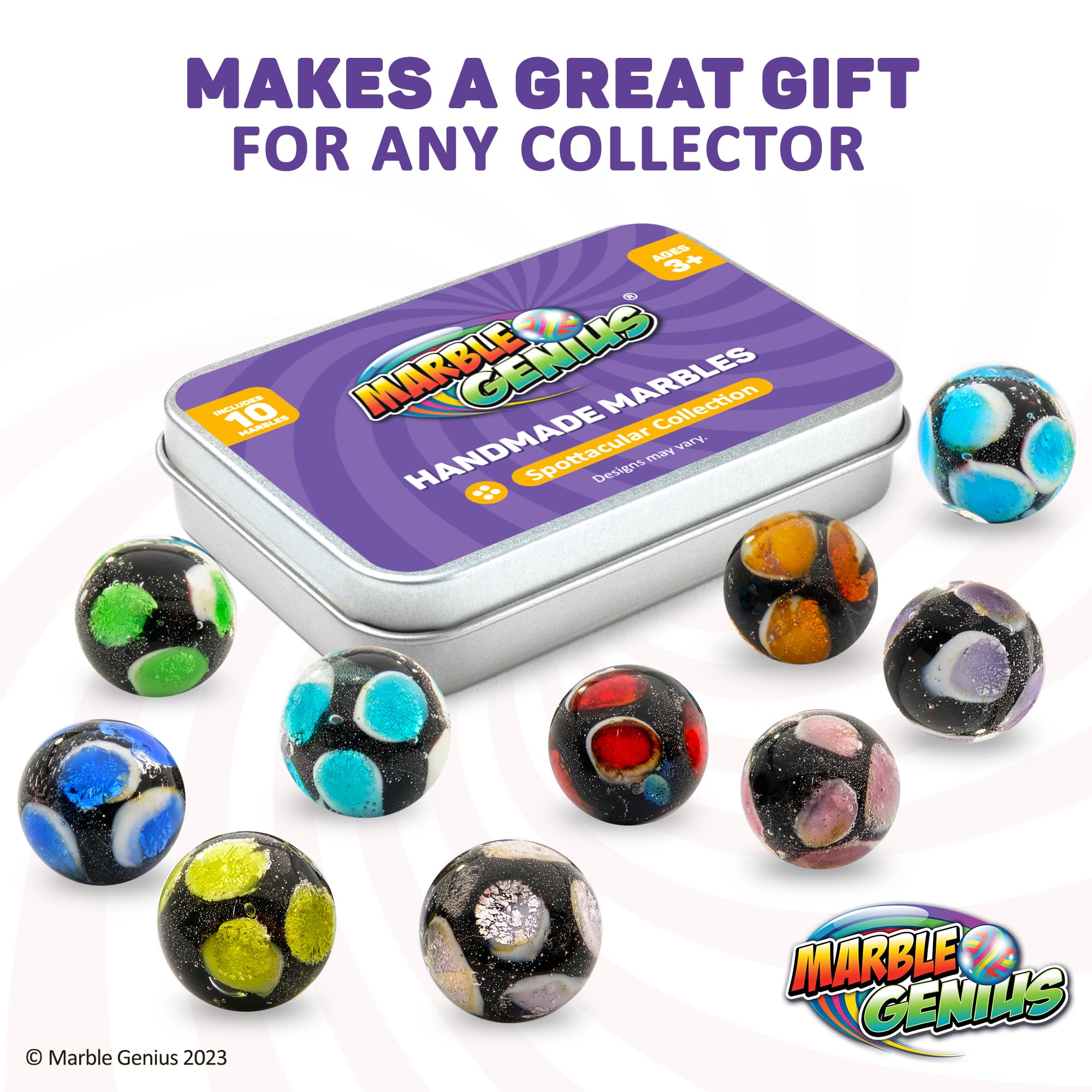 Marble Genius Collectors Marbles - 10 Handmade Glass Marbles with Spots, 16mm (5/8 Inch) - Perfect for Kids Ages 3+ & Marble Enthusiasts - Great for Games, Collections & DIY Craft Projects
