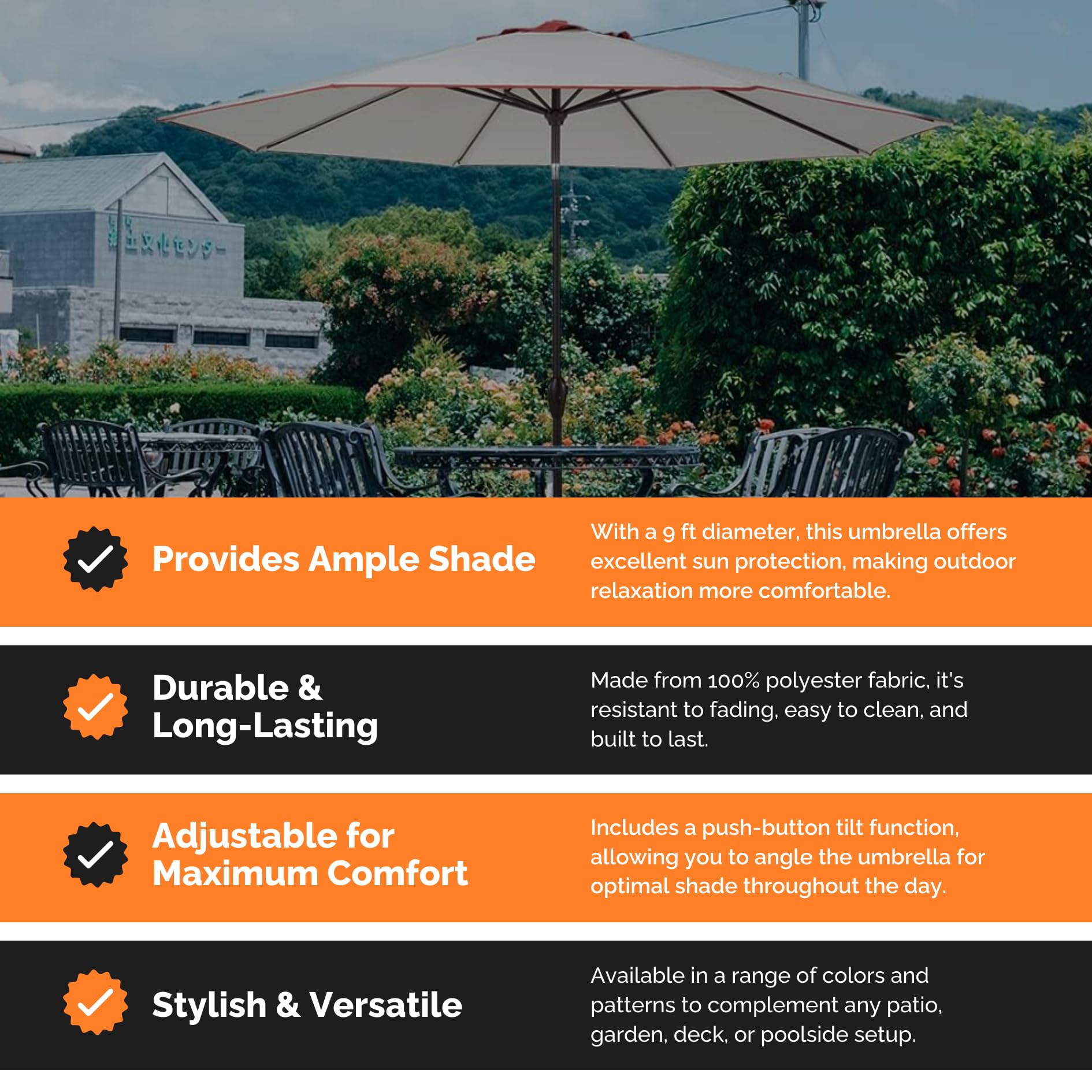 9FT Beige Tan Fade Resistant Outdoor Patio Umbrella with Easy Crank Open & Push Button Tilt - Perfect for Poolside, Backyard, Deck, and Garden Shade