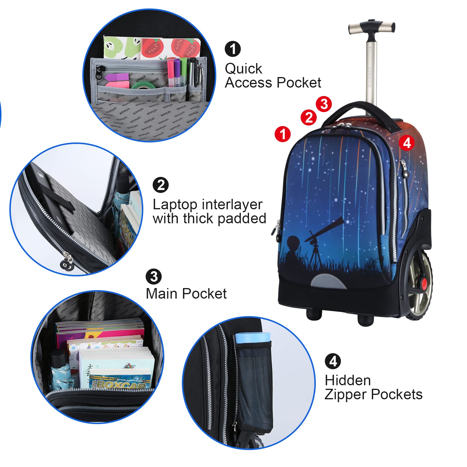 UNIKER Wheeled Rolling Backpack for Boys & Teens - No Straps, Lightweight Travel Bag & School Backpack with Wheels for High School & Middle School Students - Perfect for Commuting, Air Travel, and Daily School Use