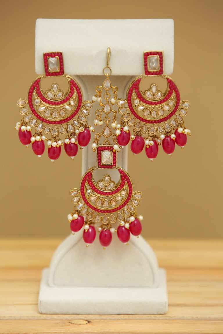 JANISHA Stylish Gold Plated Earrings with Tikka Design - Perfect for Weddings, Parties & Festive Occasions