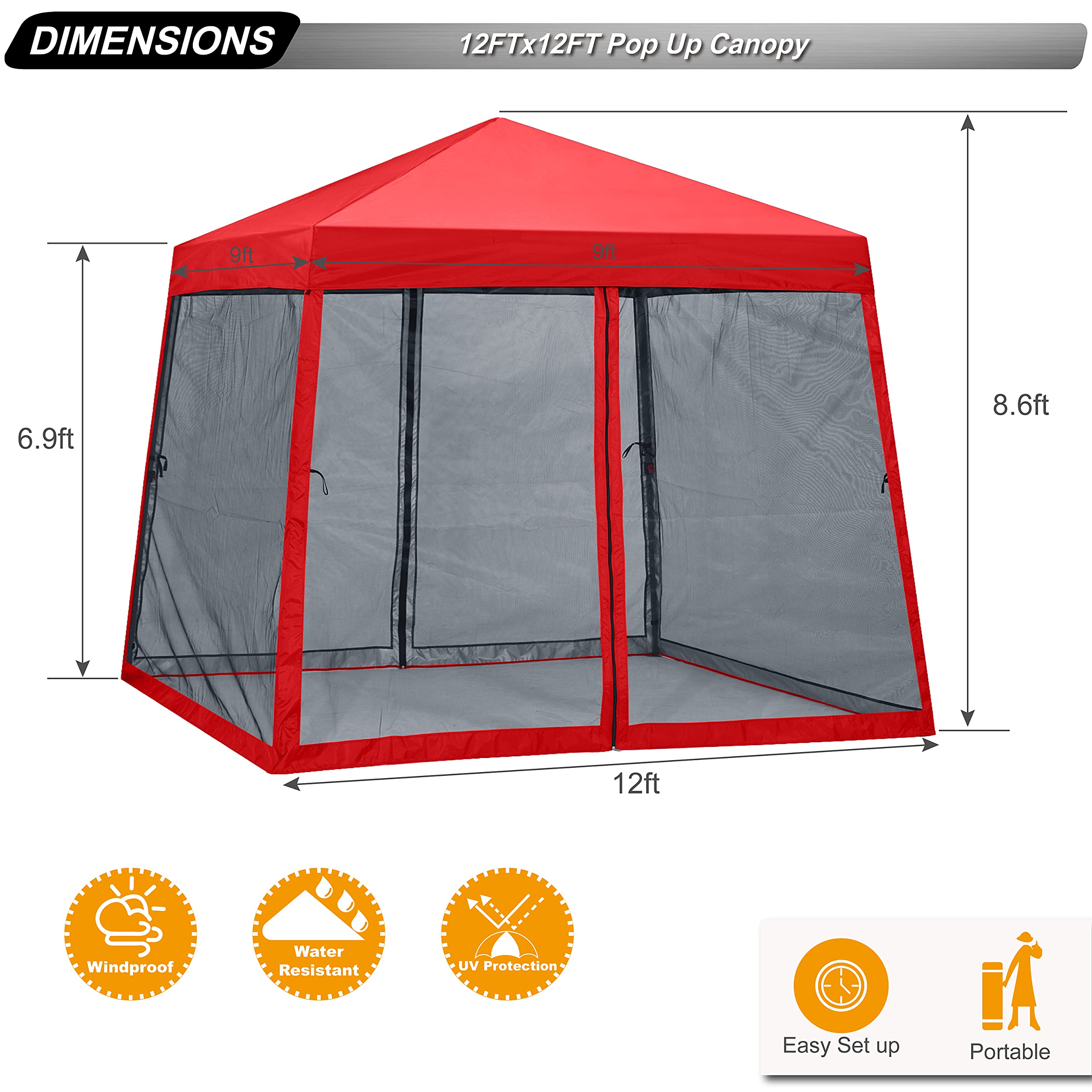 ABCCANOPY Stable Pop Up Outdoor Canopy Tent with Netting Wall - Red | Portable Shade Shelter for Camping, Beach, Picnic, Backyard & Outdoor Events