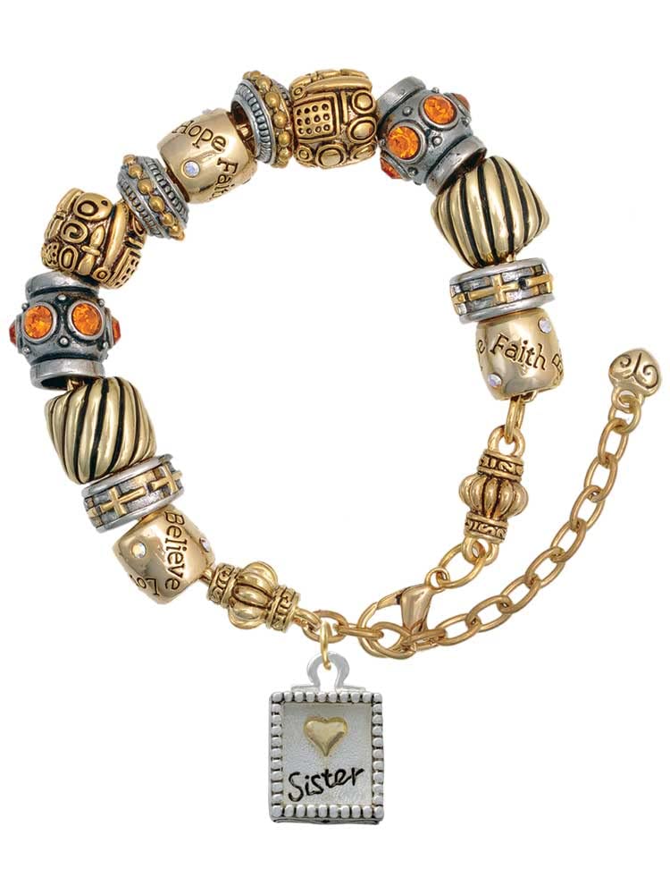 Delight Jewelry Shadow Box 'Sister' Goldtone Heart Two-Tone Christian Bead Bracelet - 7