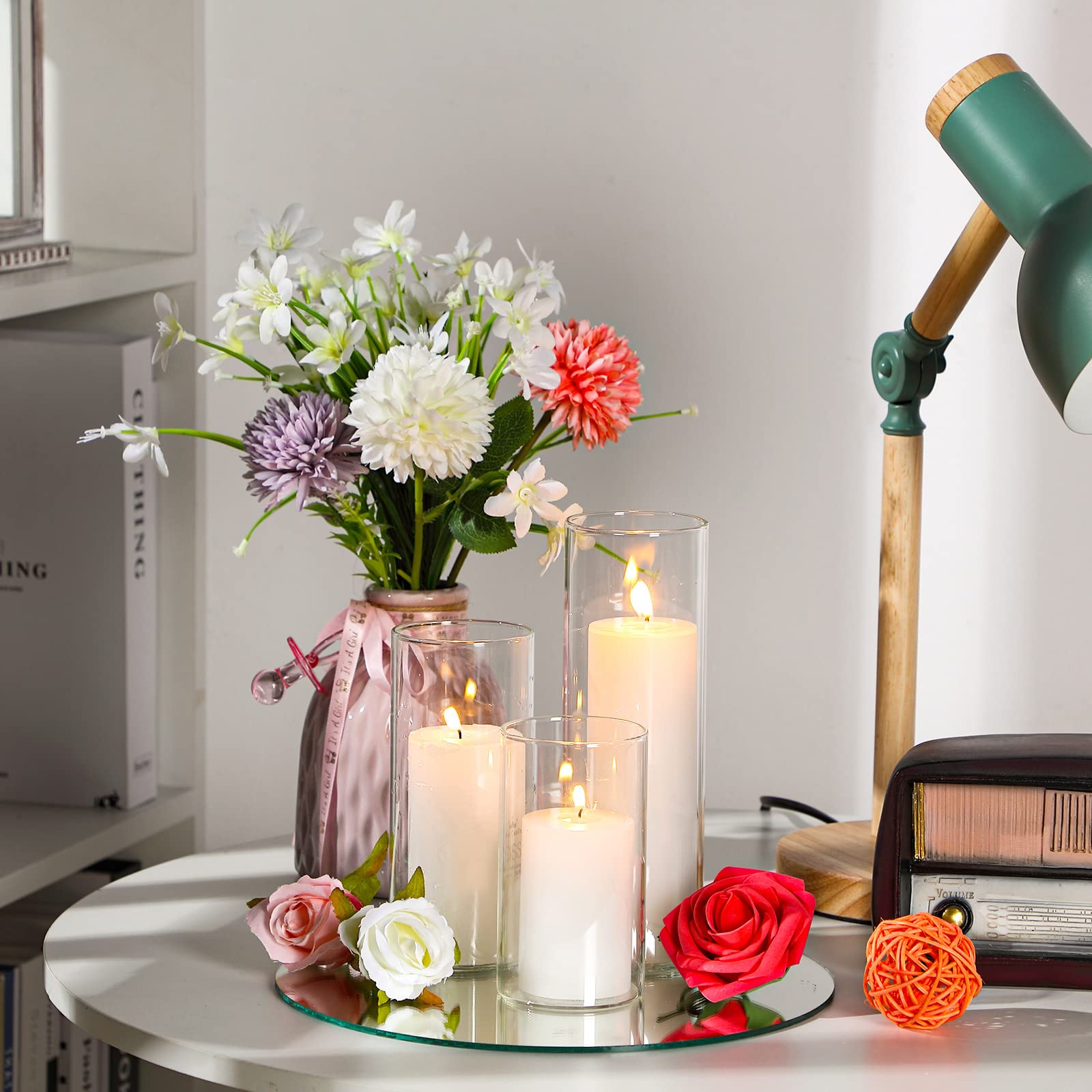 Shihanee 36-Piece Pillar Candle Set with Glass Cylinder Vases - 18 Sets (2.6'' x 4.7'', 5.9'', 7.9'') in Clear & White - Perfect for Wedding Centerpieces, Home Decor, and Romantic Ambiance Lighting