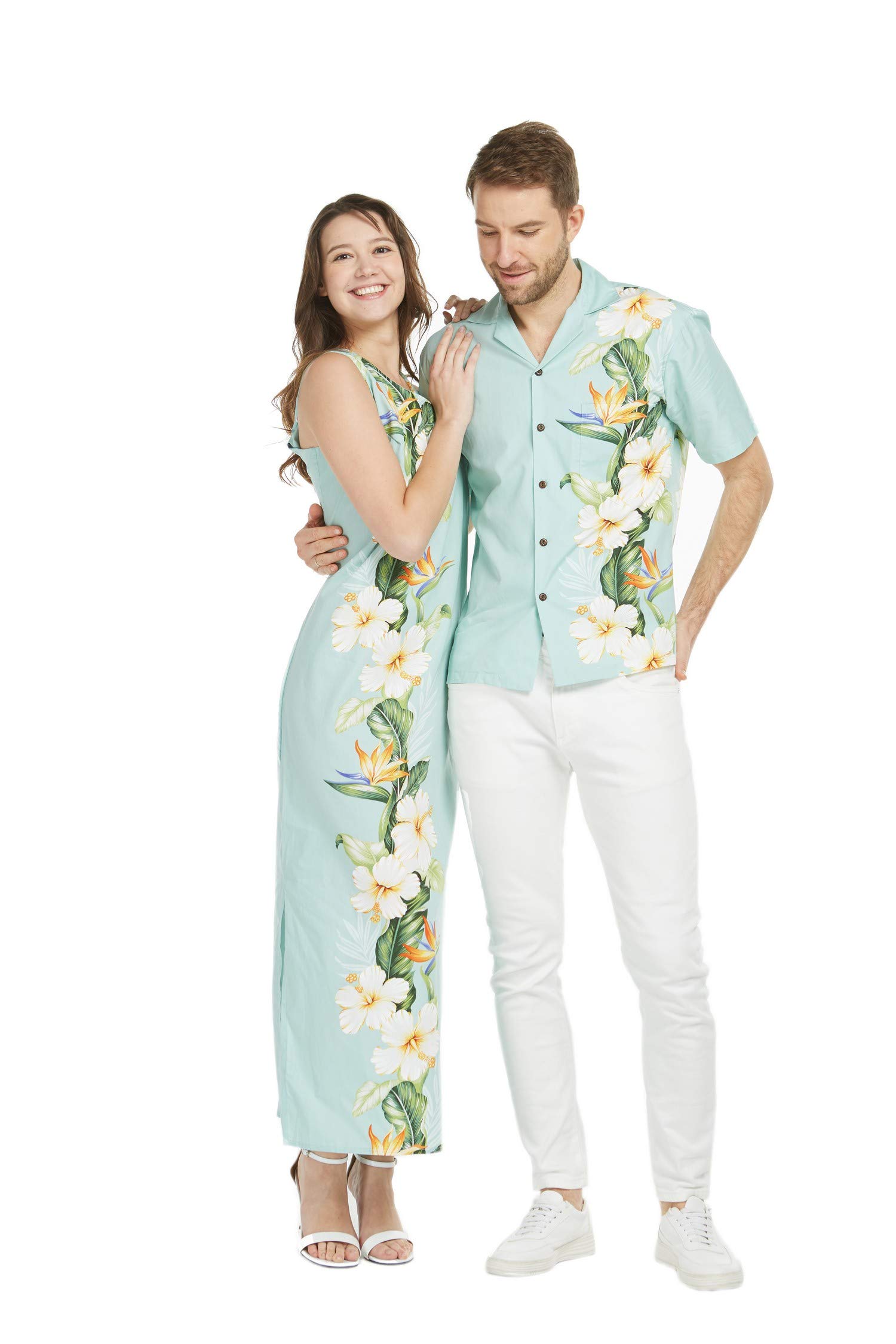 Hawaii Couple Matching Luau Aloha Shirt & Maxi Tank Dress Set - Floral White Side Print for Beach Vacation & Summer Date Night
