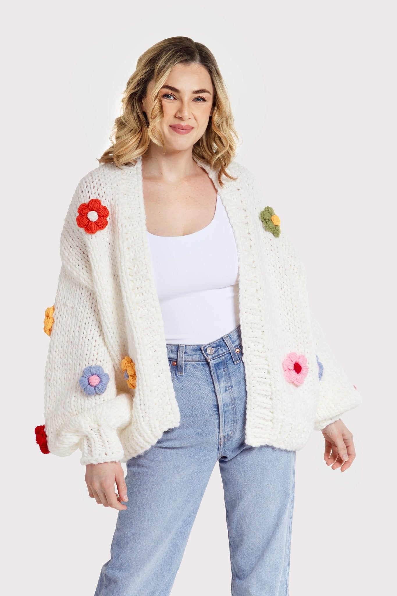 Floral Knitted Appliqué Cardigan for Women - Boho Chic Lace Trim Sweater - Perfect for Spring Outfits, Date Nights & Casual Wear