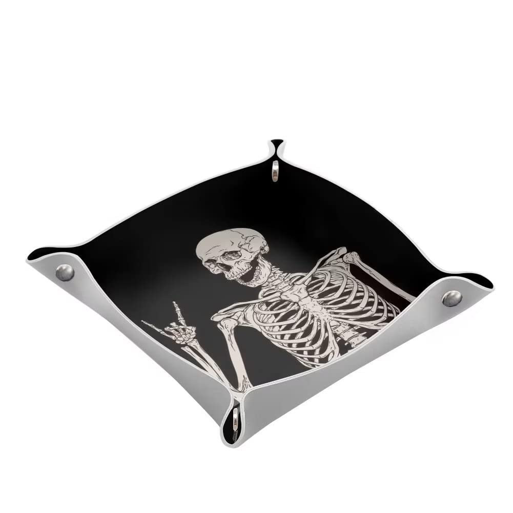 NETILGEN Funny Skeleton 2-Piece PU Leather Valet Tray Set - Bedside Organizer, Vanity Catchall & Travel Dish for Keys, Phone, Jewelry, Coins & Watches | Perfect for Home, Office & Travel Accessories Storage