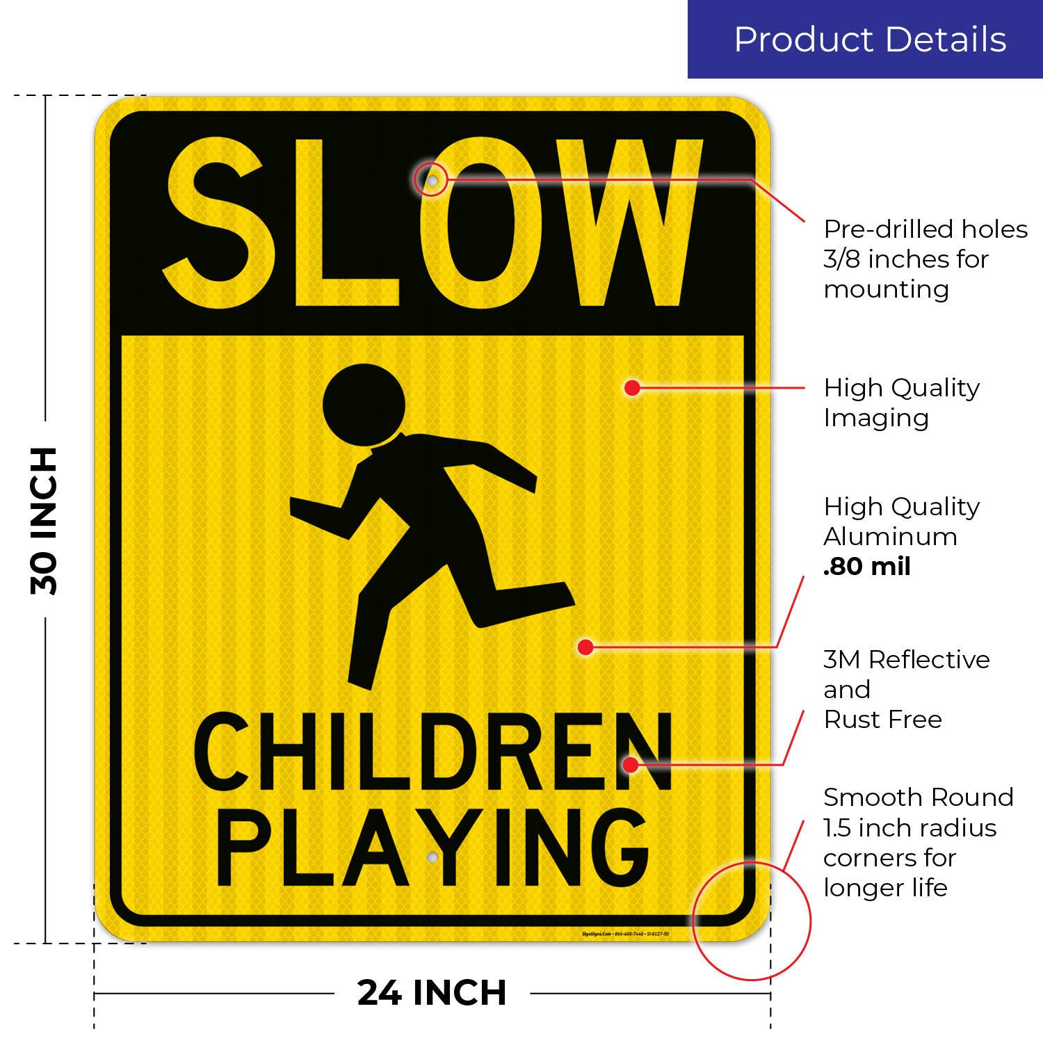 Slow Children Playing Sign - 24x30 Inches Reflective Aluminum Board - 3M EGP .080 Thick - Fade Resistant & Easy Mounting - Indoor/Outdoor Safety Sign - Made in USA - Perfect for School Zones, Neighborhoods & Play Areas