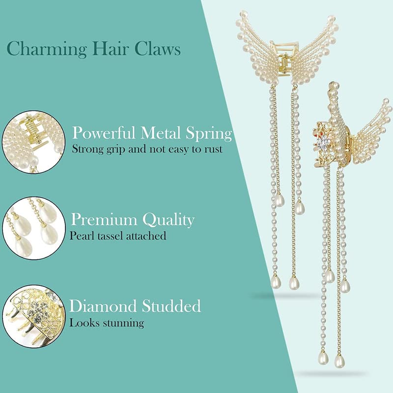 Staila 1 Pc Women's Stone Hair Clips - Elegant Pearl & Metal Butterfly Claw Clip for Girls & Women - Perfect for Weddings, Parties & Everyday Hairstyles