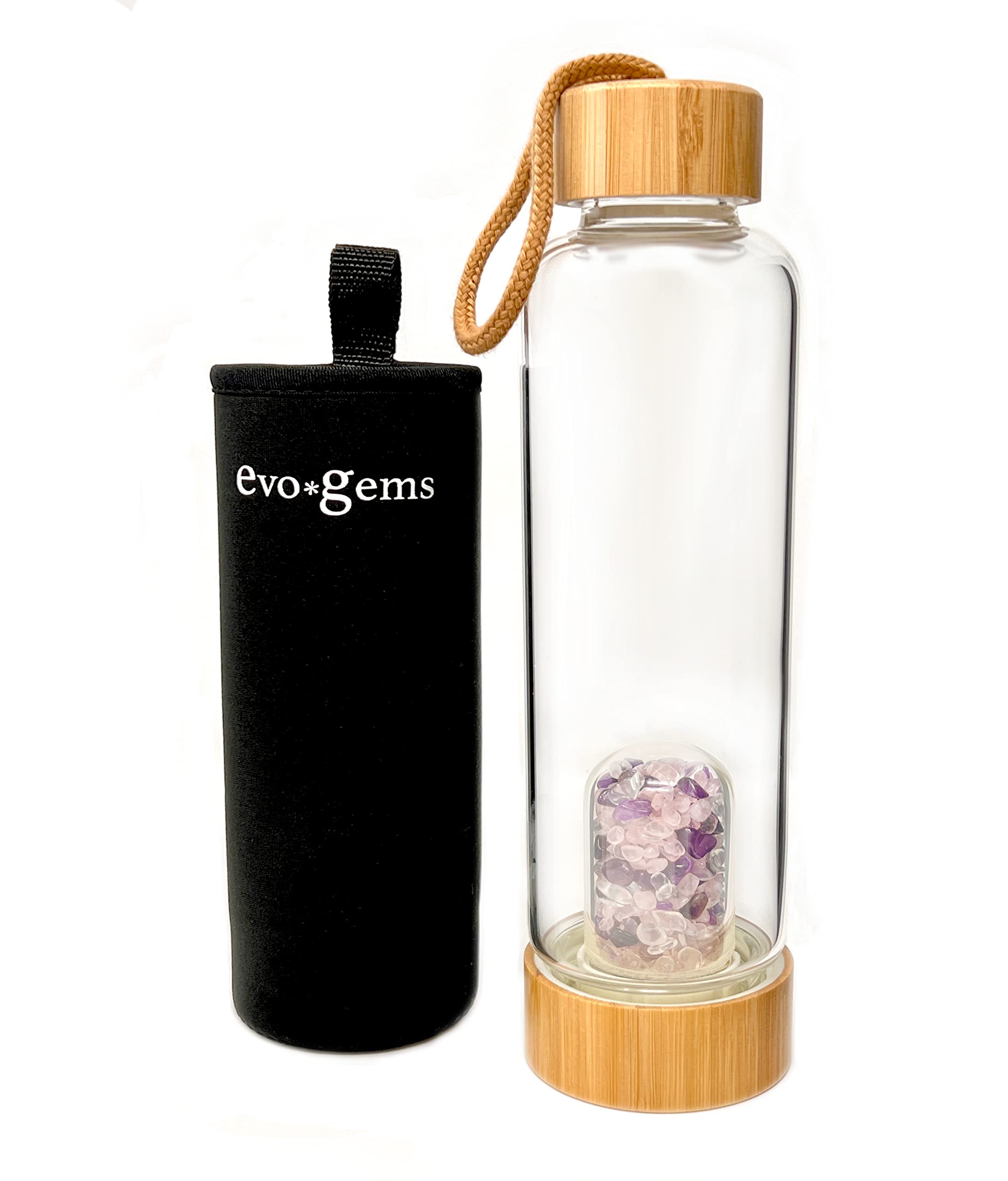 Premium Bamboo Crystal Water Bottle with Amethyst, Rose Quartz & Quartz - Natural Energy Infusion Water Bottle for Hydration, Wellness & Spiritual Healing - Perfect for Yoga, Meditation & Daily Detox