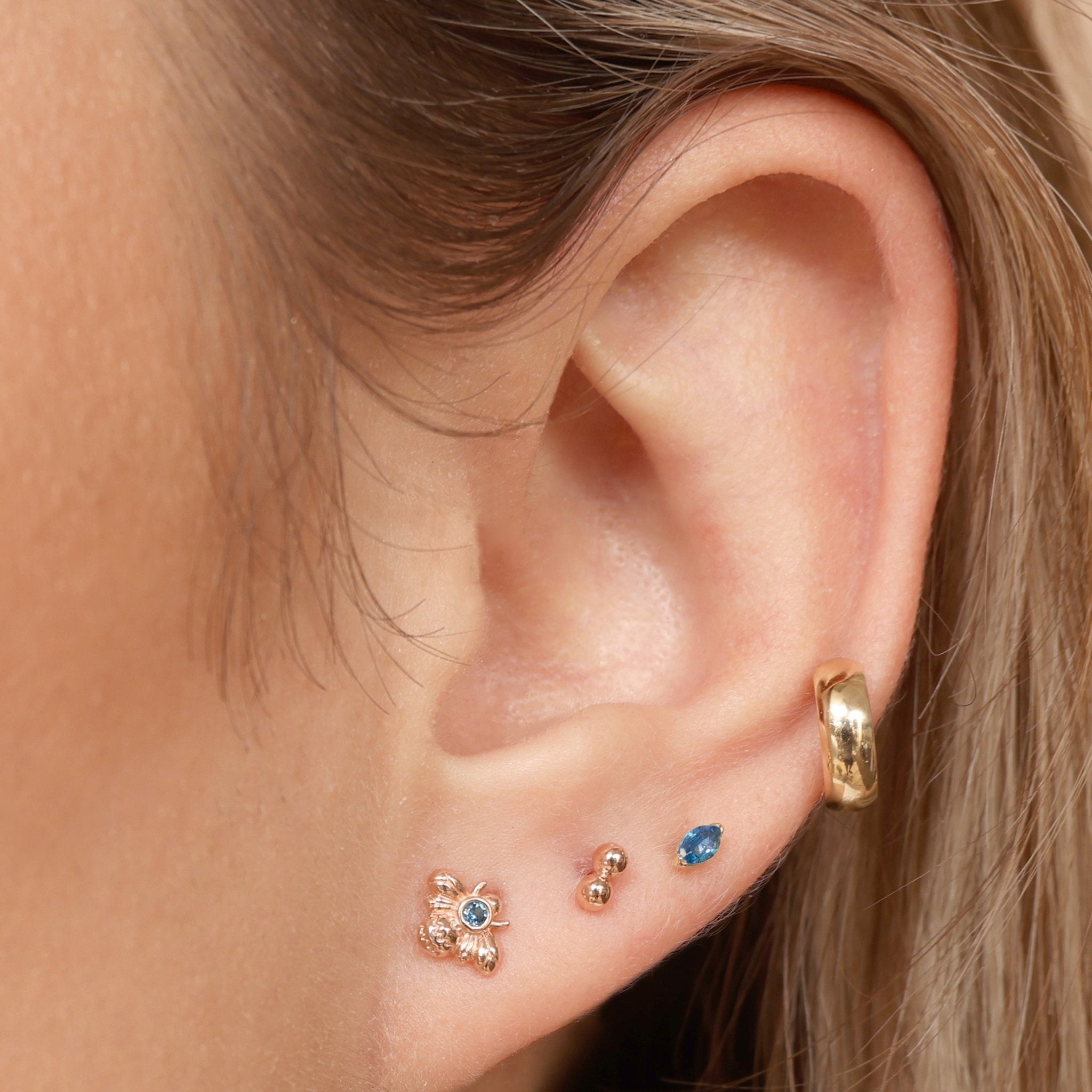 14K Yellow Gold Blue Topaz Bee Stud Earrings - Dainty Floral Jewelry for Women, Perfect for Everyday Wear & Gift Giving