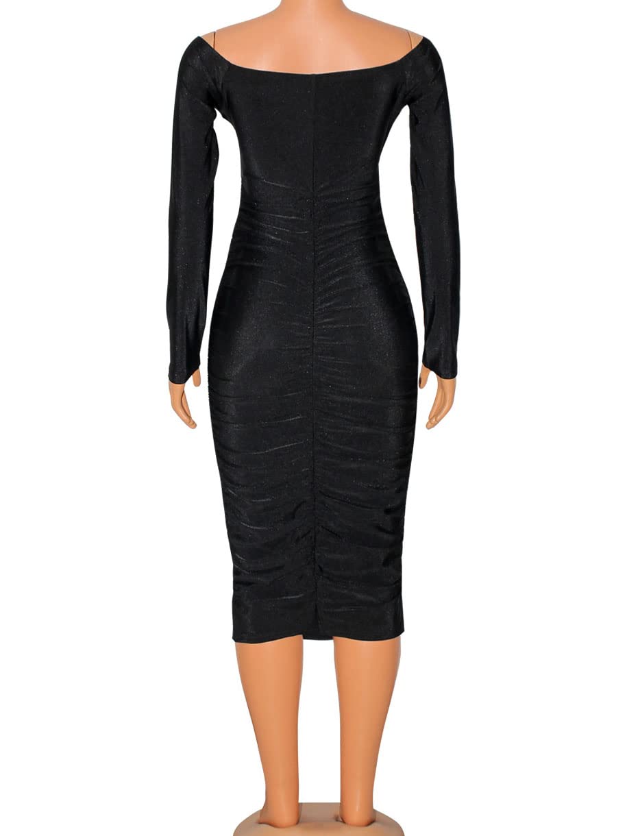 Elainone Women's Off Shoulder Long Sleeve Ruched Bodycon Midi Dress for Wedding Guest, Cocktail Party & Club Wear | Elegant Formal Evening Dress for Special Occasions