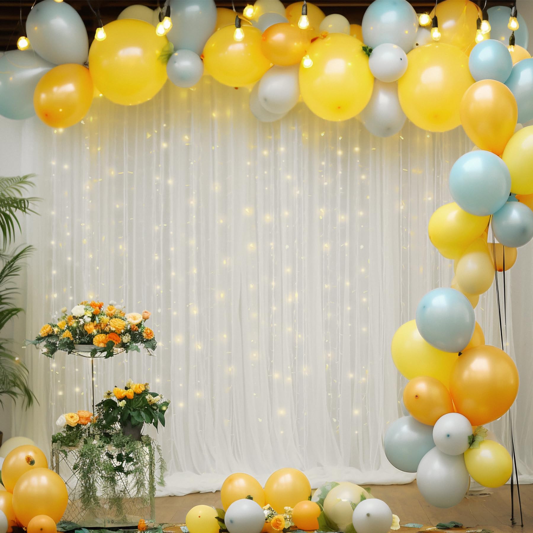 10×10ft White Tulle Backdrop Curtain with Fairy Lights - Sheer Wedding Party Decor, Photo Booth Background, Birthday Celebration Drapes for Home & Event Decorations