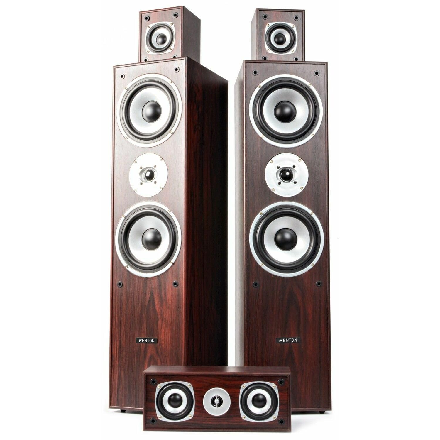 Fenton HF5W 5.0 Home Theater Speaker System - 335W Walnut Wood Bookshelf Speakers (Set of 5) - High-Quality Audio for Movies, Music & Gaming - Perfect for Living Room, Home Theater & Entertainment Spaces