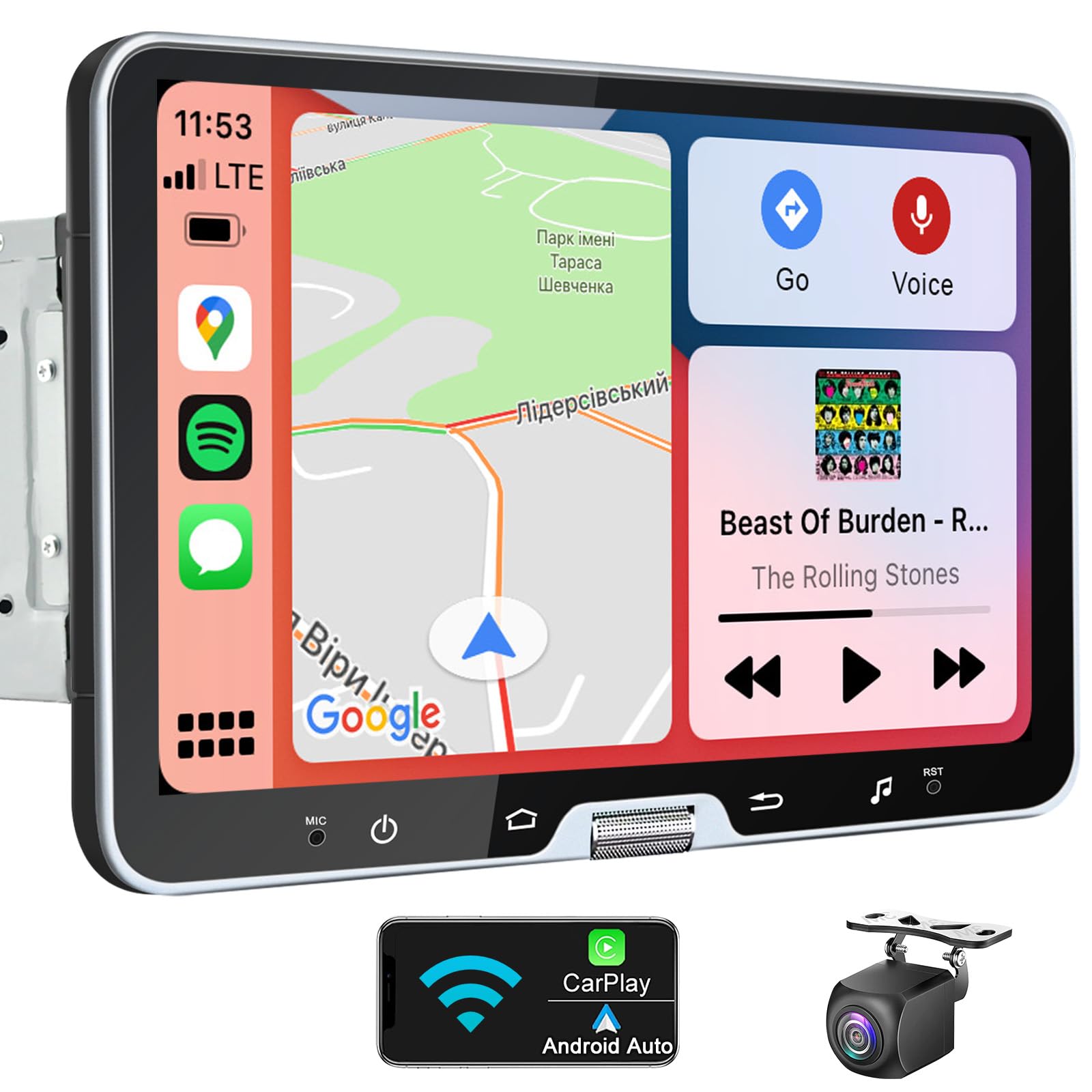 10 Inch Double Din Car Stereo Touchscreen with Wireless CarPlay & Android Auto - Detachable Android Car Radio with Physical Volume Knob, GPS Navigation, Backup Camera, WiFi & Bluetooth for Music & Video Streaming - Perfect for Road Trips & Daily Commuting