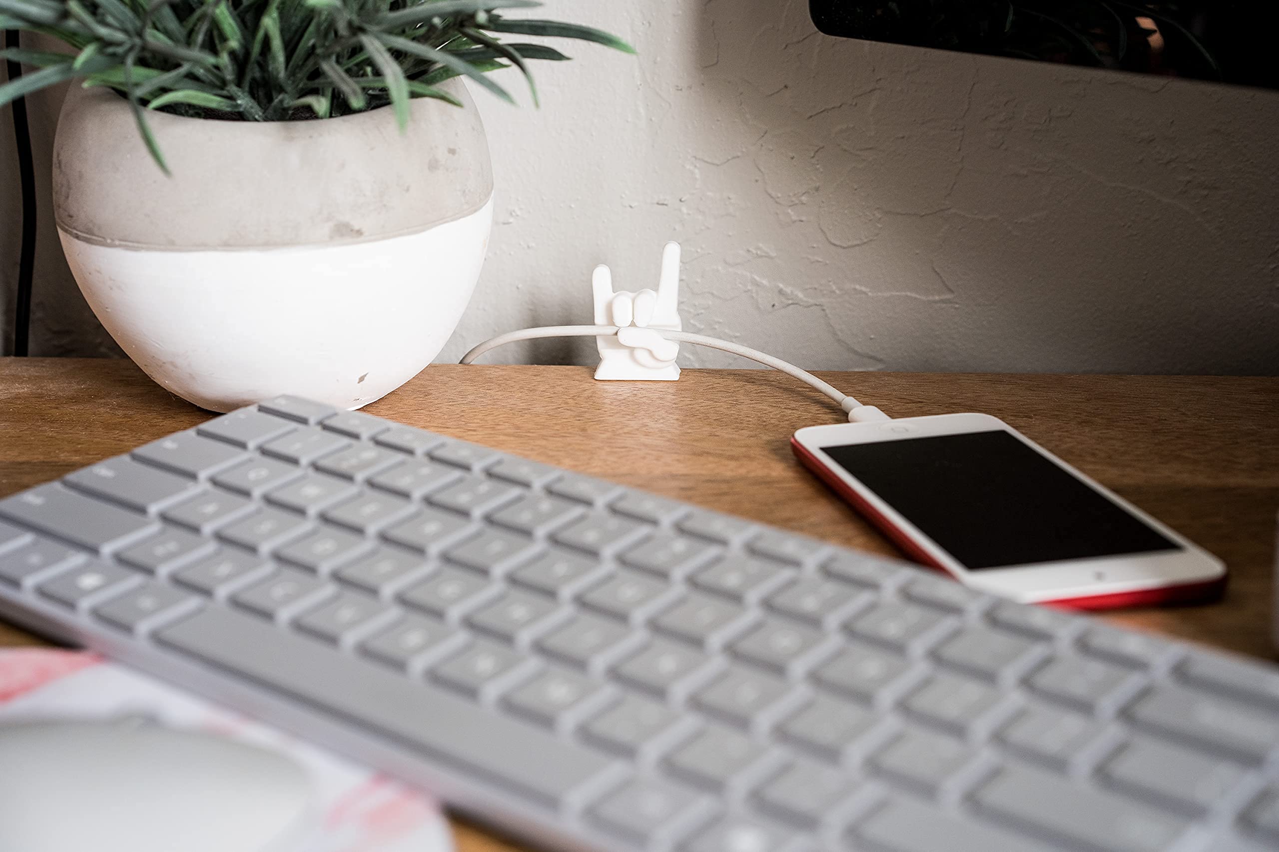 4 Pack Rock and Roll Cable Clips - White Cord Organizer for Desk & Car | Wire Management for Office Computer & Electrical Cables | Perfect for Home, Office, and Vehicle Organization (Rock On Hands Design)