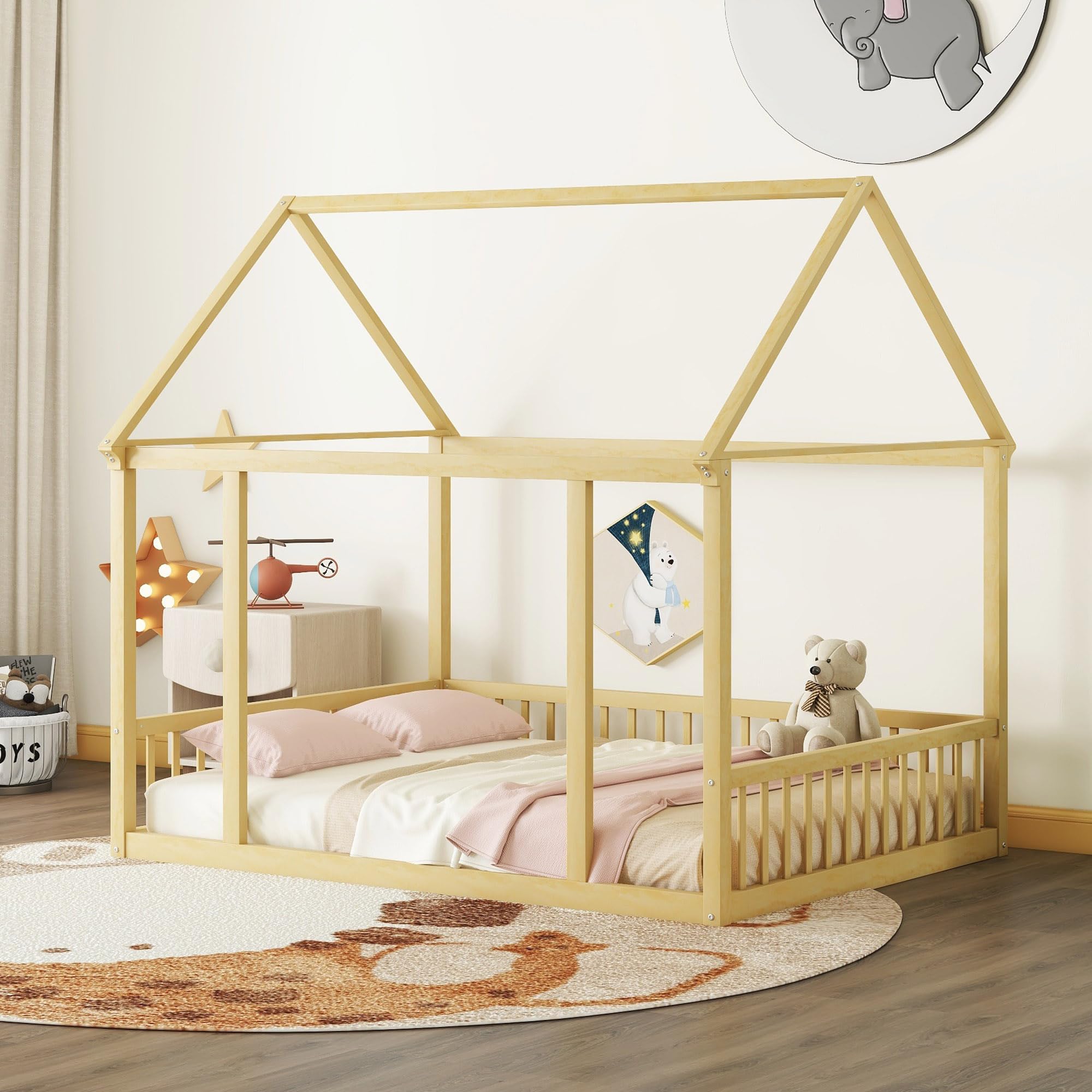 Bellemave Full Size Floor Bed for Kids - Wooden House Bed Frame with Safety Fence, Montessori Style Playhouse Bed for Boys & Girls - Perfect for Bedrooms, Playrooms & Montessori Learning Environments