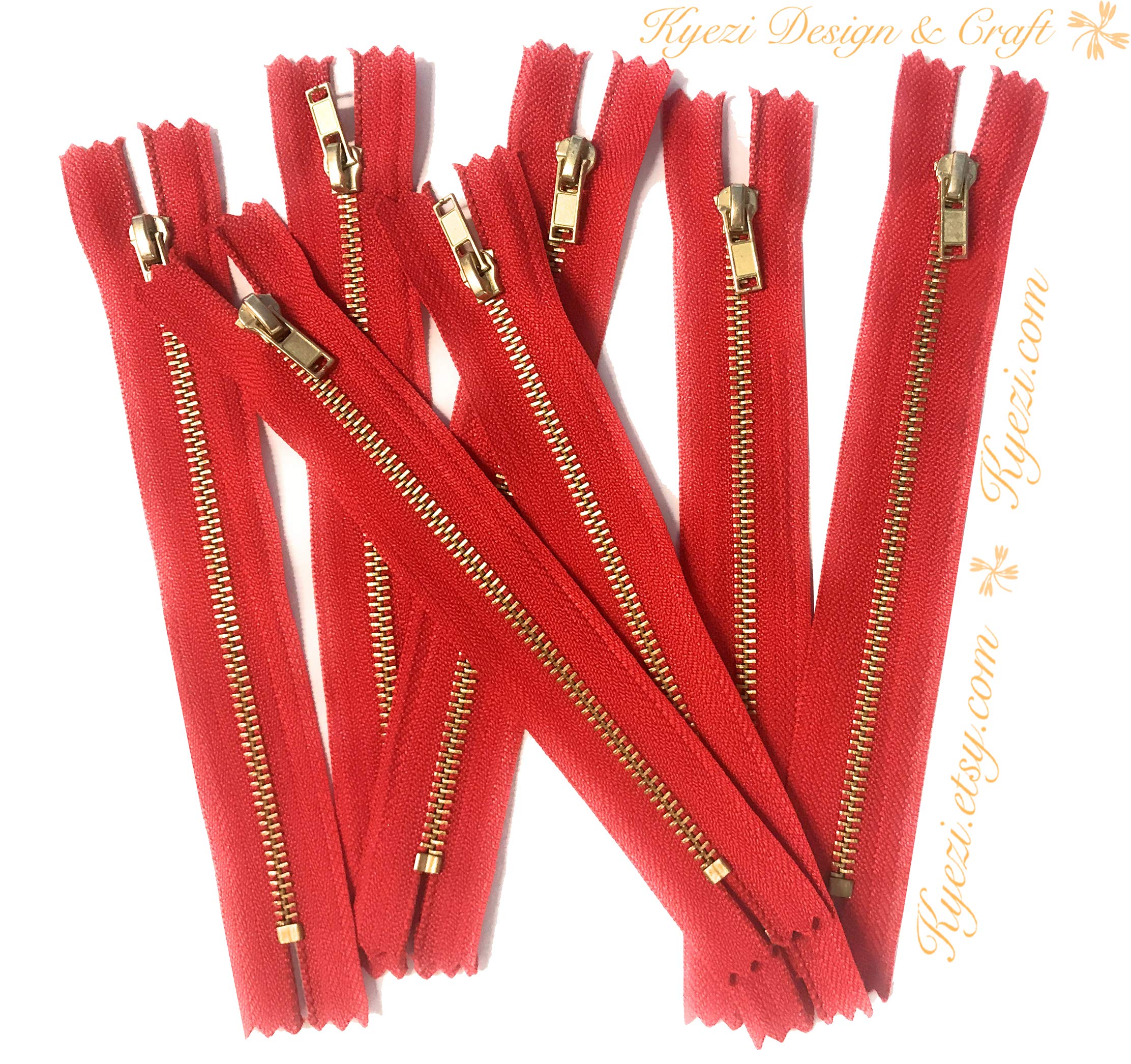 10-Pack Brass Gold Metal Teeth Zippers - Kyezi Design & Craft for DIY Fashion (Red, 16 Inch) - Perfect for Jackets, Bags & Costume Accessories