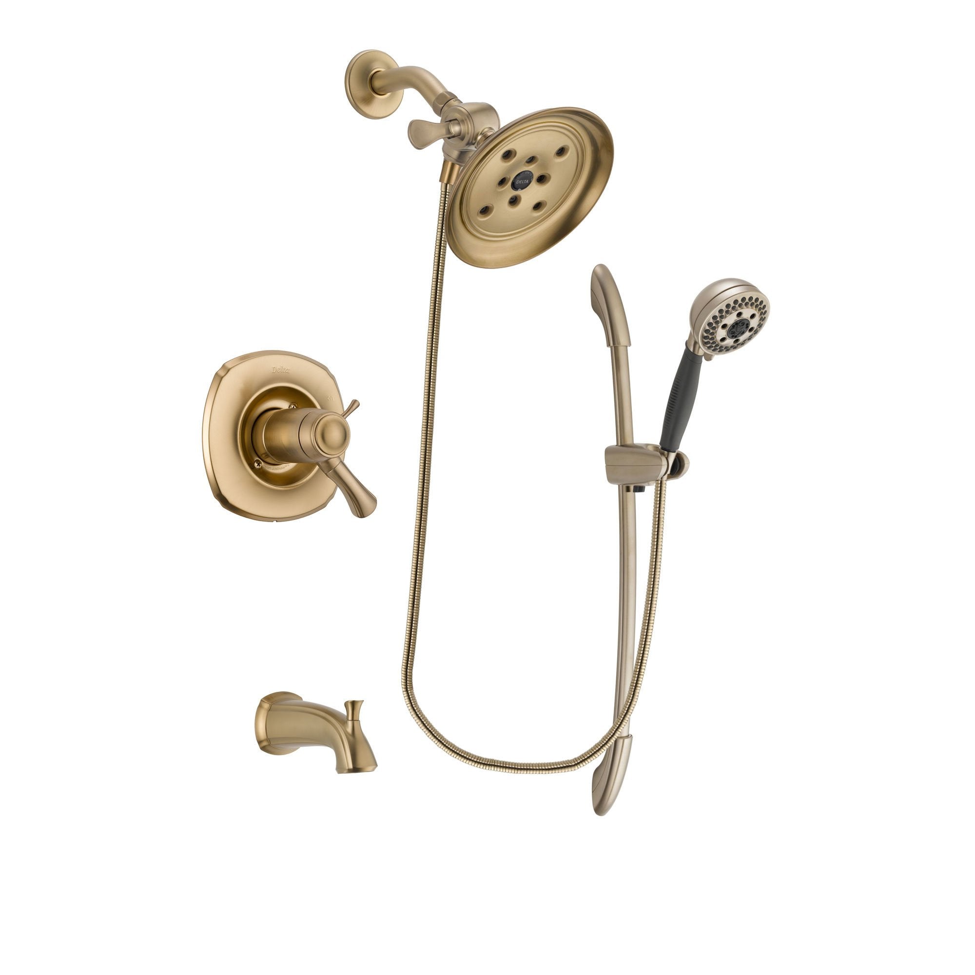 Delta Addison Champagne Bronze Thermostatic Tub & Shower Faucet System with Rain Shower Head, 5-Spray Handshower & Slide Bar - Includes Rough-in Valve & Tub Spout (Model DSP3373V) - Perfect for Modern Bathroom Renovations & Spa-Like Shower Experiences