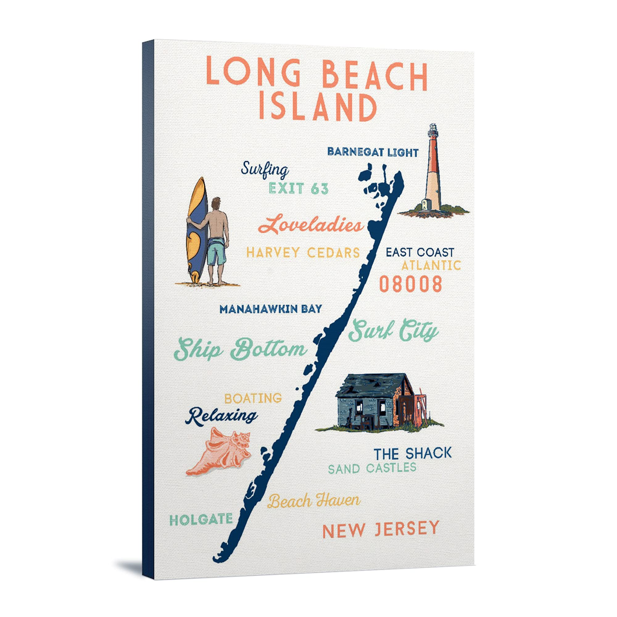 Lantern Press Long Beach Island New Jersey Typography & Icons Wall Art - 16x24 Wrapped Canvas Print for Coastal Home Decor, Beach House Living Room & Office Wall Decor