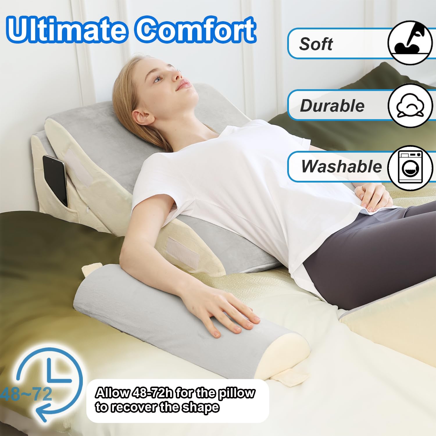 **Orthopedic Bed Wedge Pillow Set - Adjustable Memory Foam Pillow for Neck & Back Pain Relief, Post-Surgery Recovery, Acid Reflux & Heartburn Support - Ideal for Sleeping, Reading & Relaxation (Light Gray)**