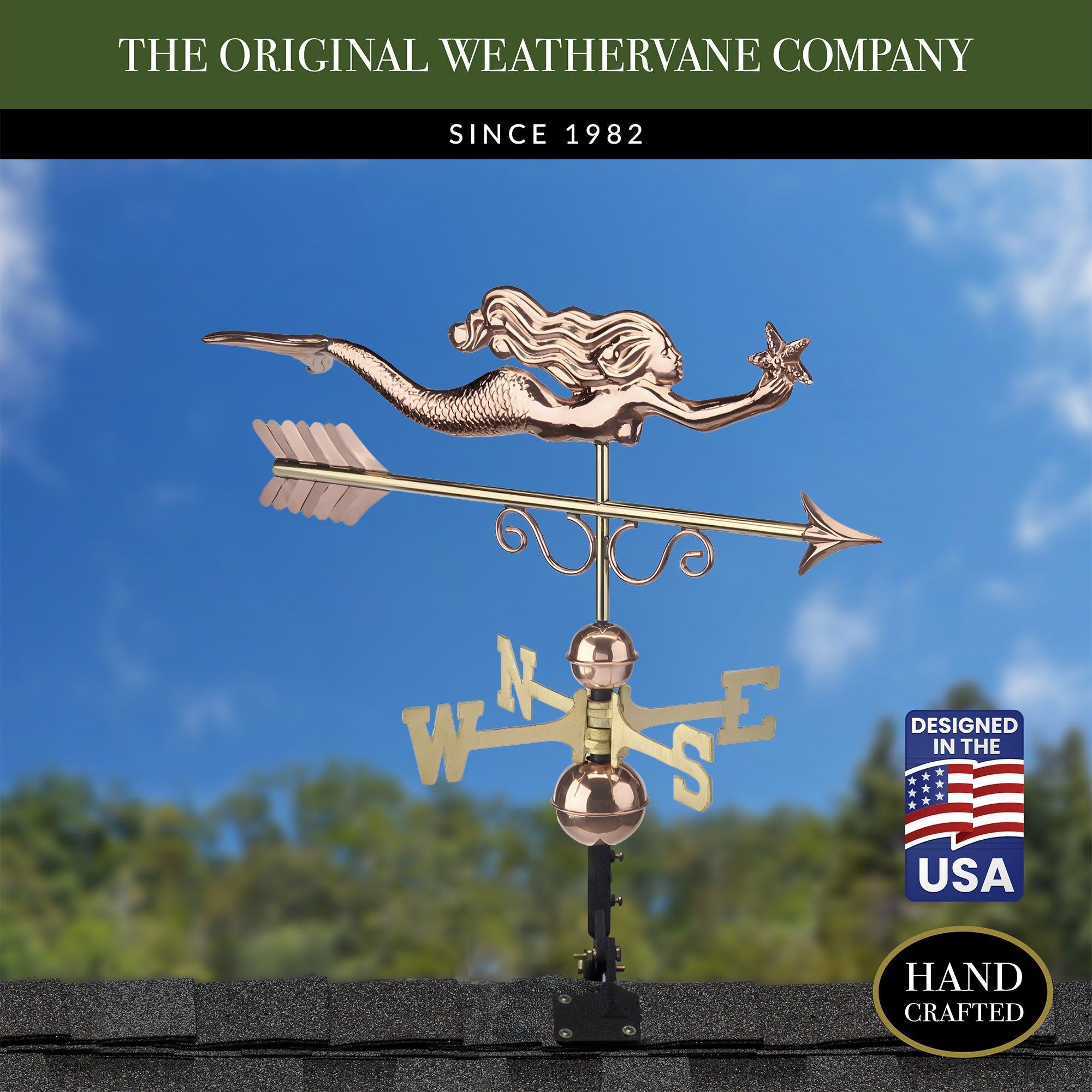 Little Mermaid Weathervane - Decorative Outdoor Copper Weather Vane for Garden, Roof, or Yard - Perfect for Beach House, Coastal Decor, and Disney Fans