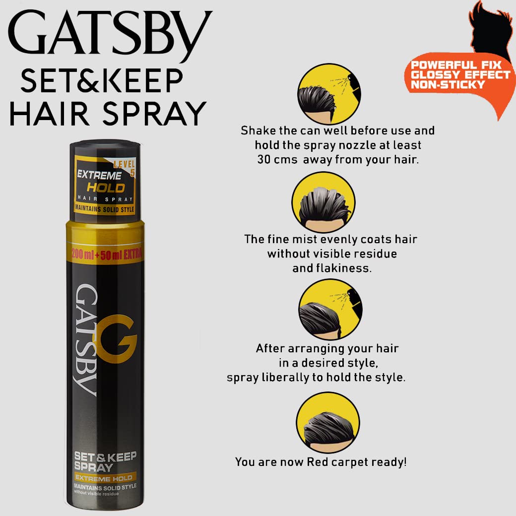 Gatsby Set & Keep Hair Spray - Extreme Hold Hairspray for Men & Women | Quick Drying, Long Lasting Hold, No Flakes, Natural Shine | Non-Sticky, Easy Wash Off | 250ml Styling Hair Spray | Perfect for Daily Use, Parties & Special Occasions