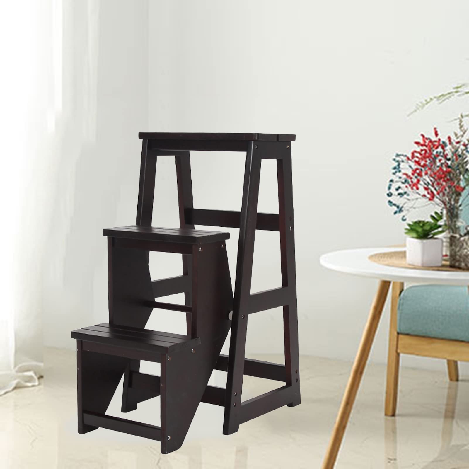 NEVKA 3-Step Folding Stool - Wooden Foldable Step Stool Chair for Home, Library, Climbing, Flower Shelf & Shoe Storage | Portable & Space-Saving | Perfect for Home Organization, Gardening & Reaching High Places