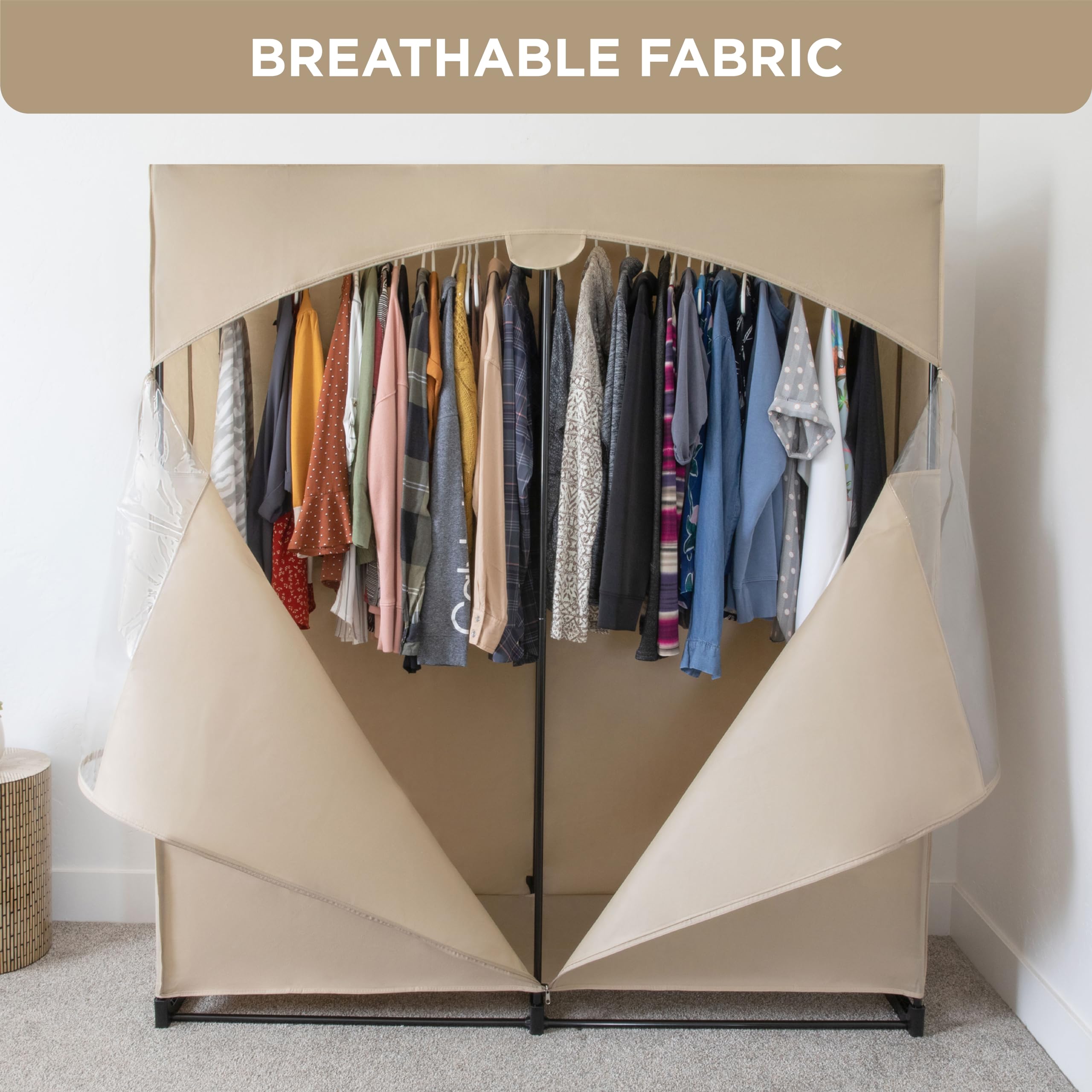 Premium Heavy Duty Portable Wardrobe Closet with Beige Cover - Large Metal Hanging Rod, 50 lb Capacity - Easy No-Tool Assembly for Travel, Camping & Temporary Storage