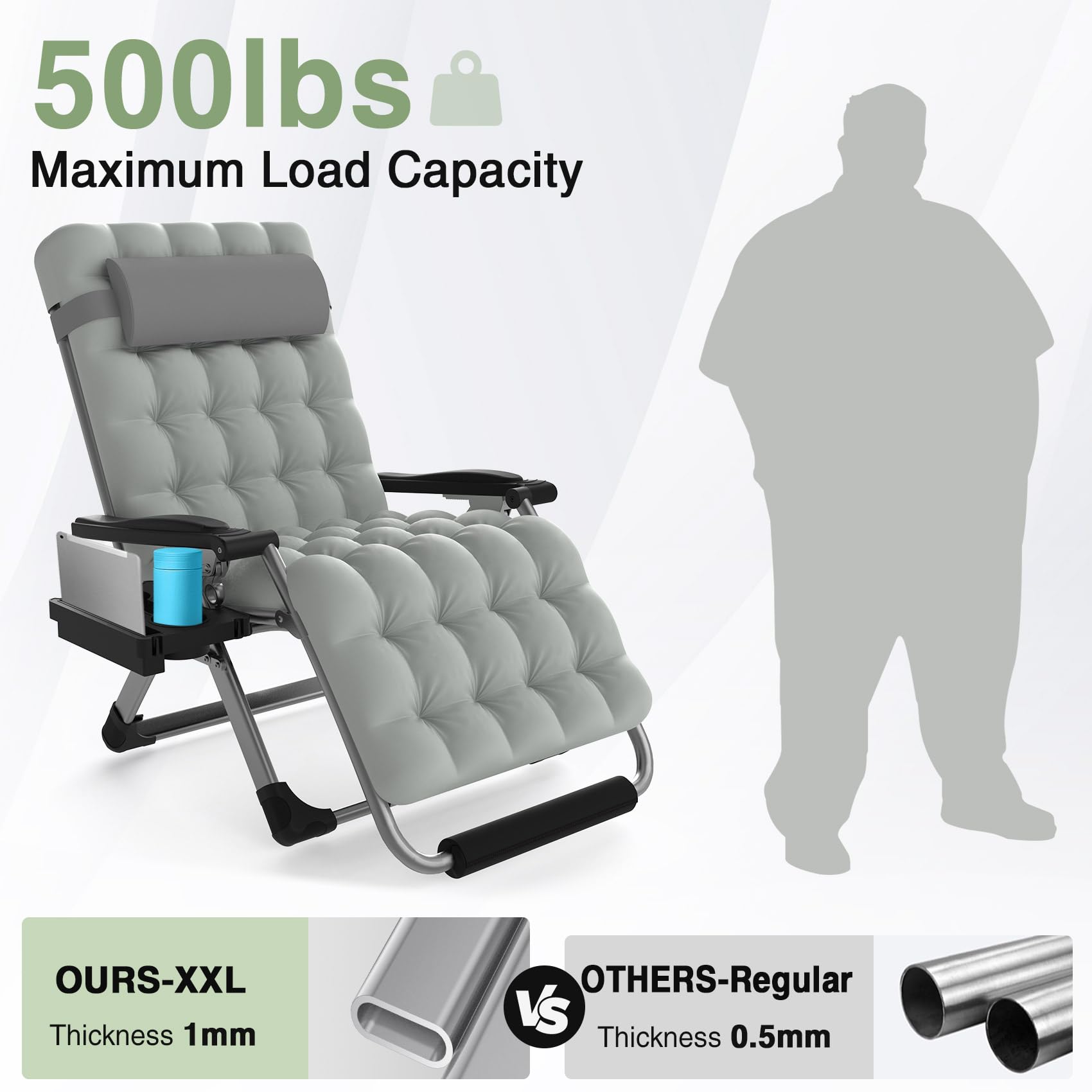 Slendor Oversized Padded Zero Gravity Chair XXL - 33 Inch Heavy Duty Recliner with Pillow & Footrest - 500lb Capacity Folding Lounge Chair for Indoor/Outdoor Use - Perfect for Patio, Poolside, Camping & Backyard Relaxation