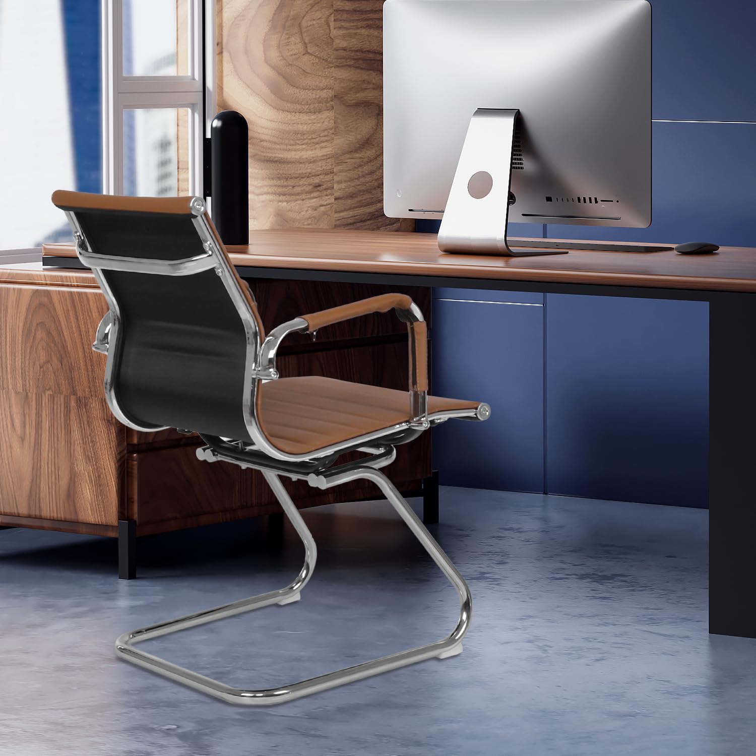 Magshion Office Reception Guest Chair - No Wheels, Mid Back PU Leather Waiting Room Chair with Metal Leg Sled Base & Arms - Conference Room, Lobby, Clinic, Hotel (Brown, 2 Pack)