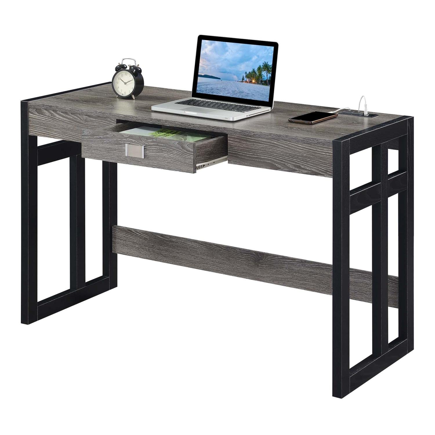 Convenience Concepts Monterey 47-inch Desk with Built-in Charging Station, Weathered Gray & Black - Perfect for Home Office, Study Room & Small Spaces