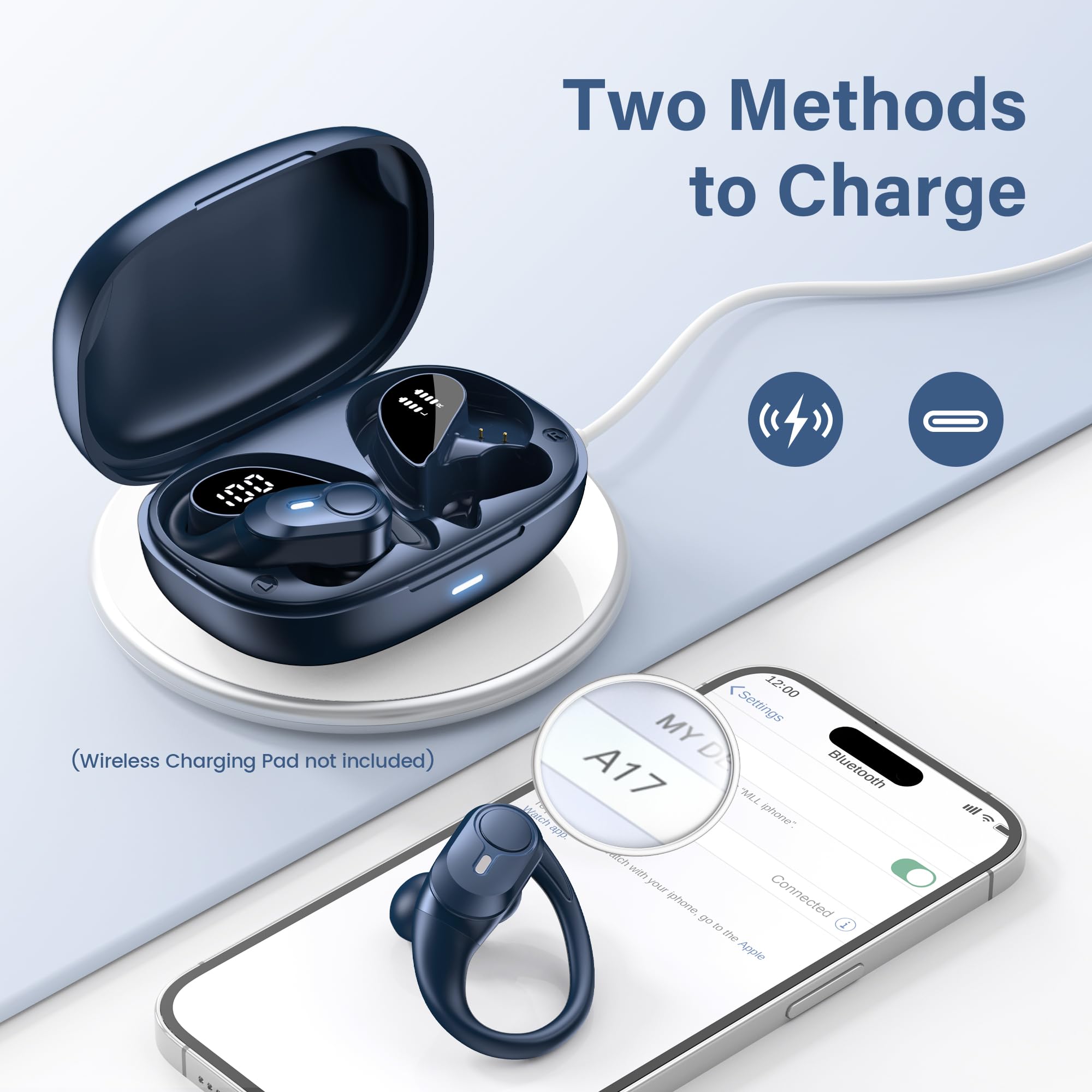 Wireless Bluetooth Earbuds with 70H Playback, Digital Display & Wireless Charging Case - Deep Bass, IPX7 Waterproof, Secure Fit for Running, Workouts & Sports (Blue) | Perfect for Gym, Commuting & Outdoor Activities