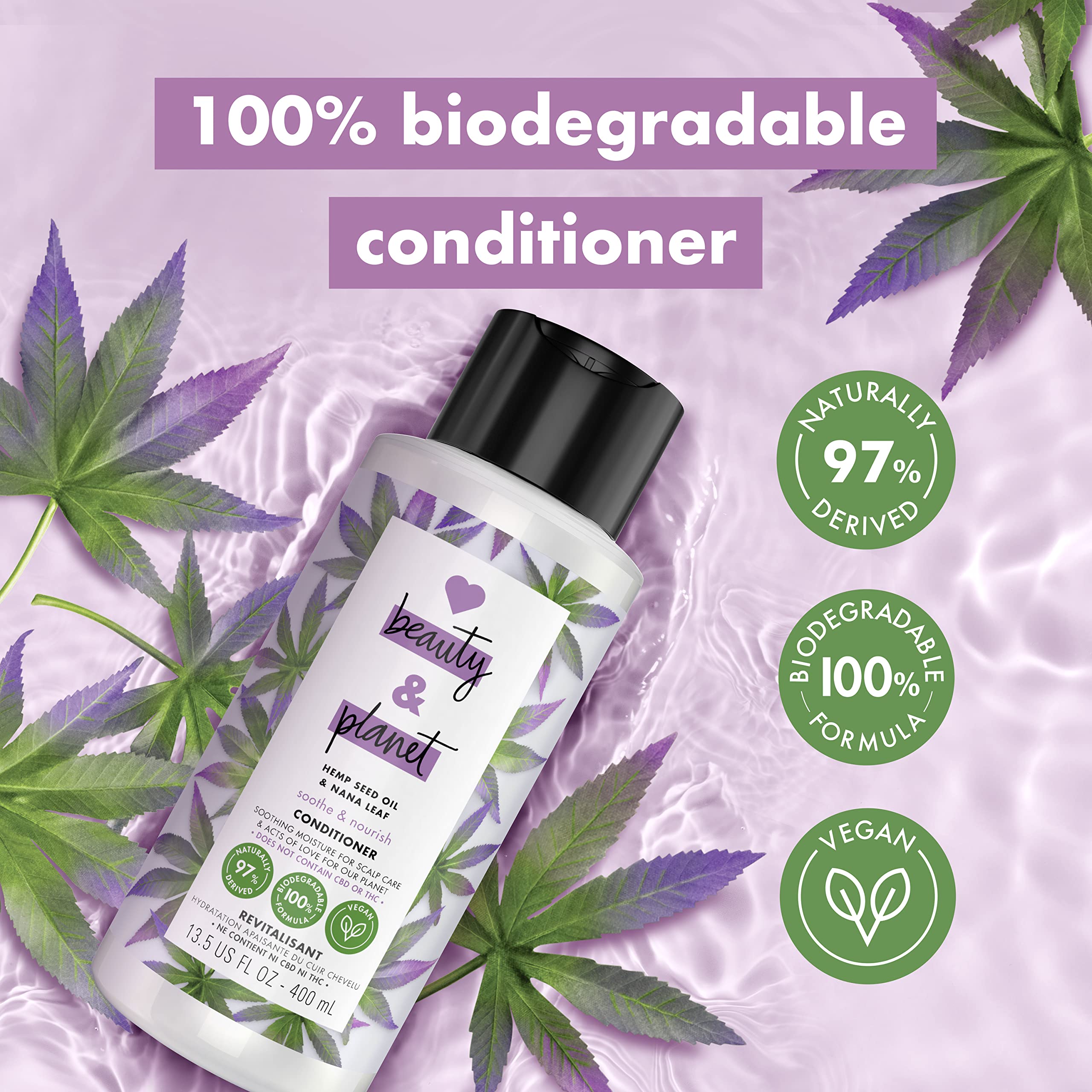 Love Beauty and Planet Hydrating Conditioner with Hemp Seed Oil & Nana Leaf - 100% Biodegradable, Vegan, Silicone-Free, Cruelty-Free - Soothes & Nourishes Dry Scalp - 13.5 oz for Daily Hair Care & Scalp Treatment