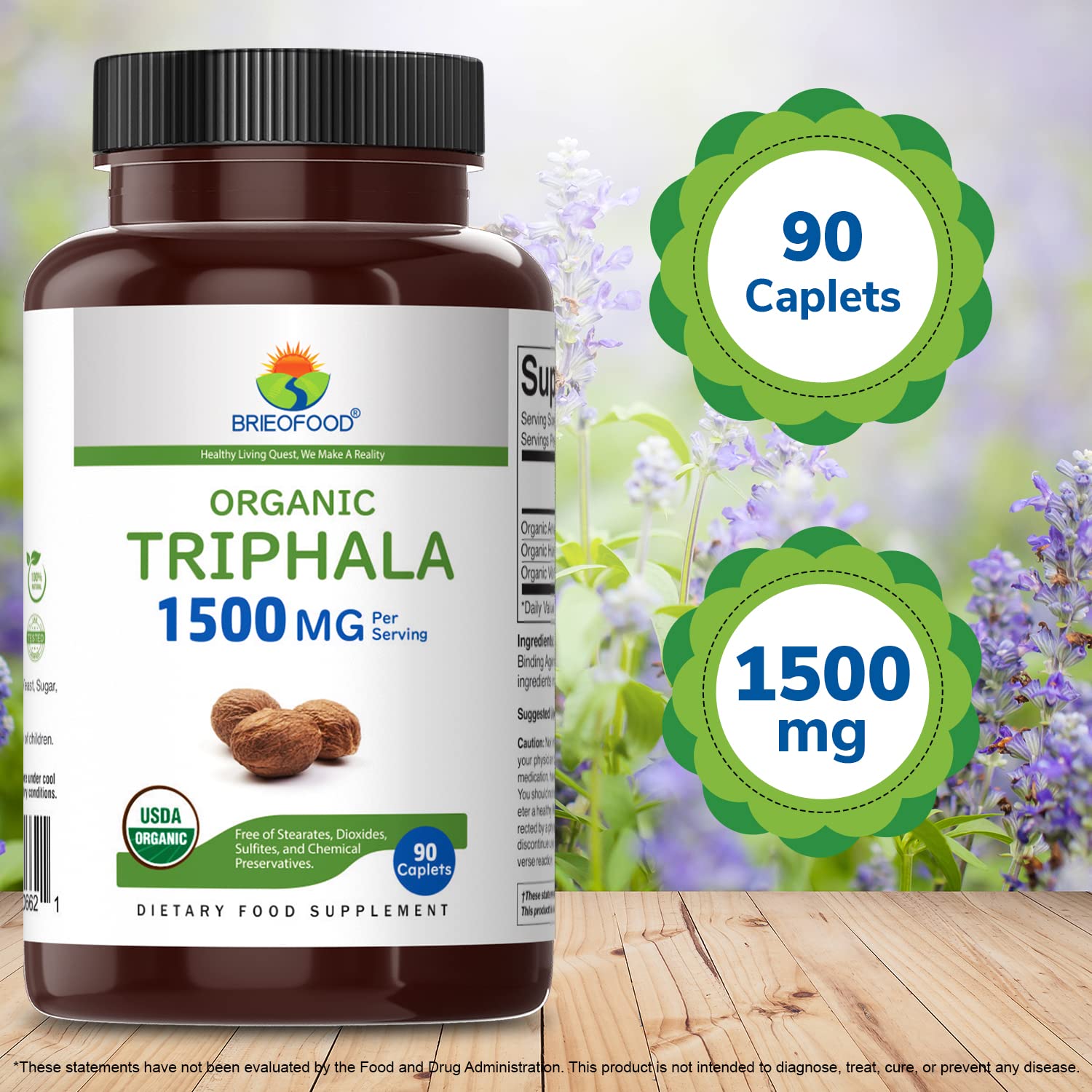 Brieofood Organic Triphala 1500mg - 90 Vegetarian Tablets, 45 Servings, Gluten Free & Vegan Supplement for Digestive Health | Supports Detox, Immunity & Daily Wellness