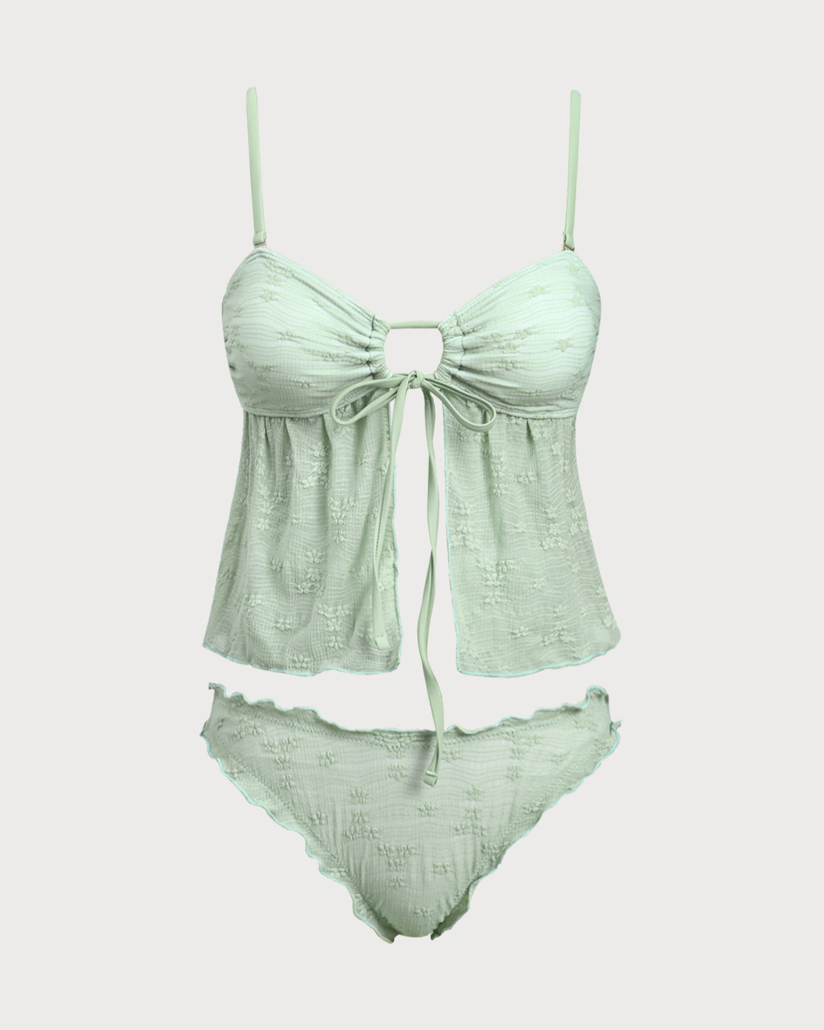 Green Knitted Cutout Tie Front Tankini Swimsuit - Stylish Two-Piece Swimwear for Women, Perfect for Beach Vacations & Pool Parties