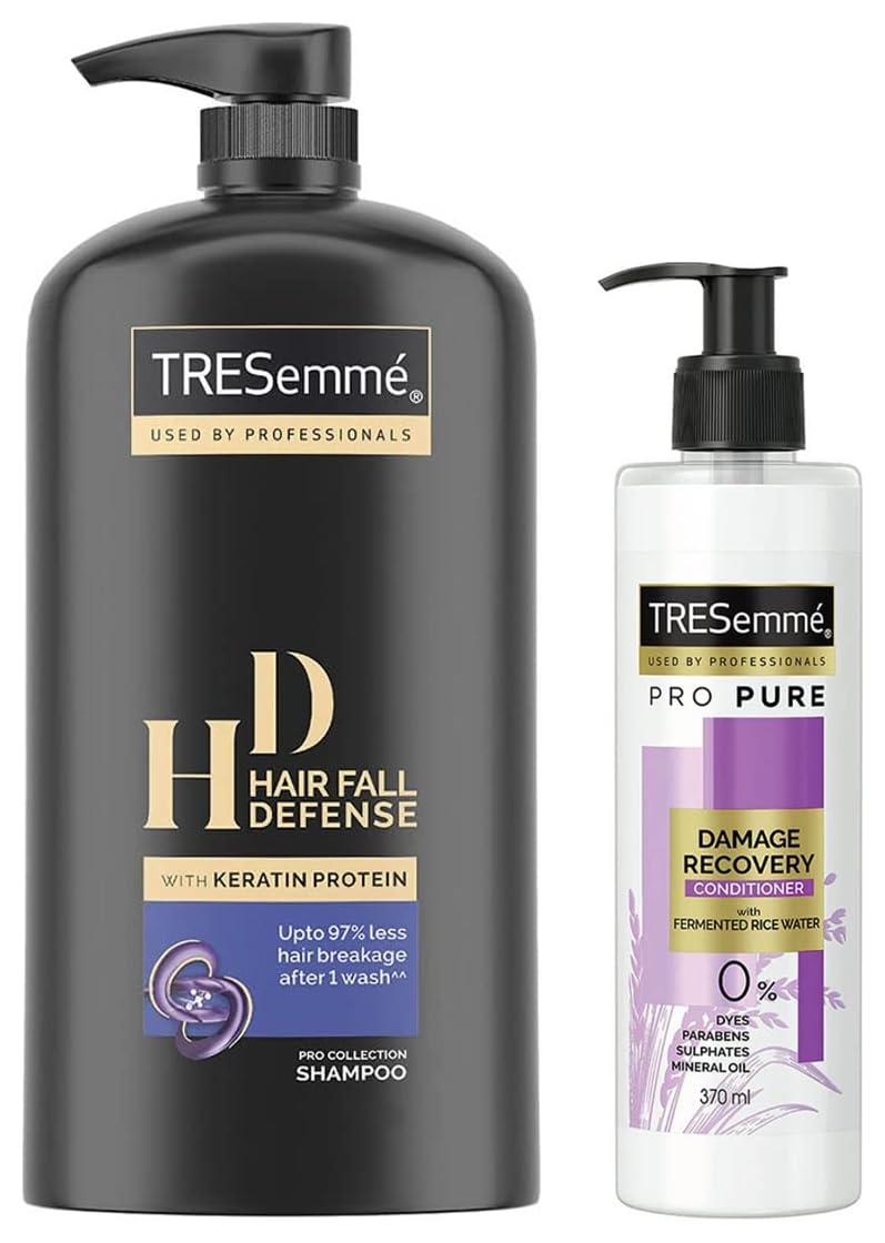 TRESemme Hair Fall Defense Shampoo 1 Liter & Pro Pure Damage Recovery Conditioner 390ml - Sulfate Free, Paraben Free with Fermented Rice Water for Damaged Hair - Reduce Breakage & Restore Shine for Daily Hair Care Routine