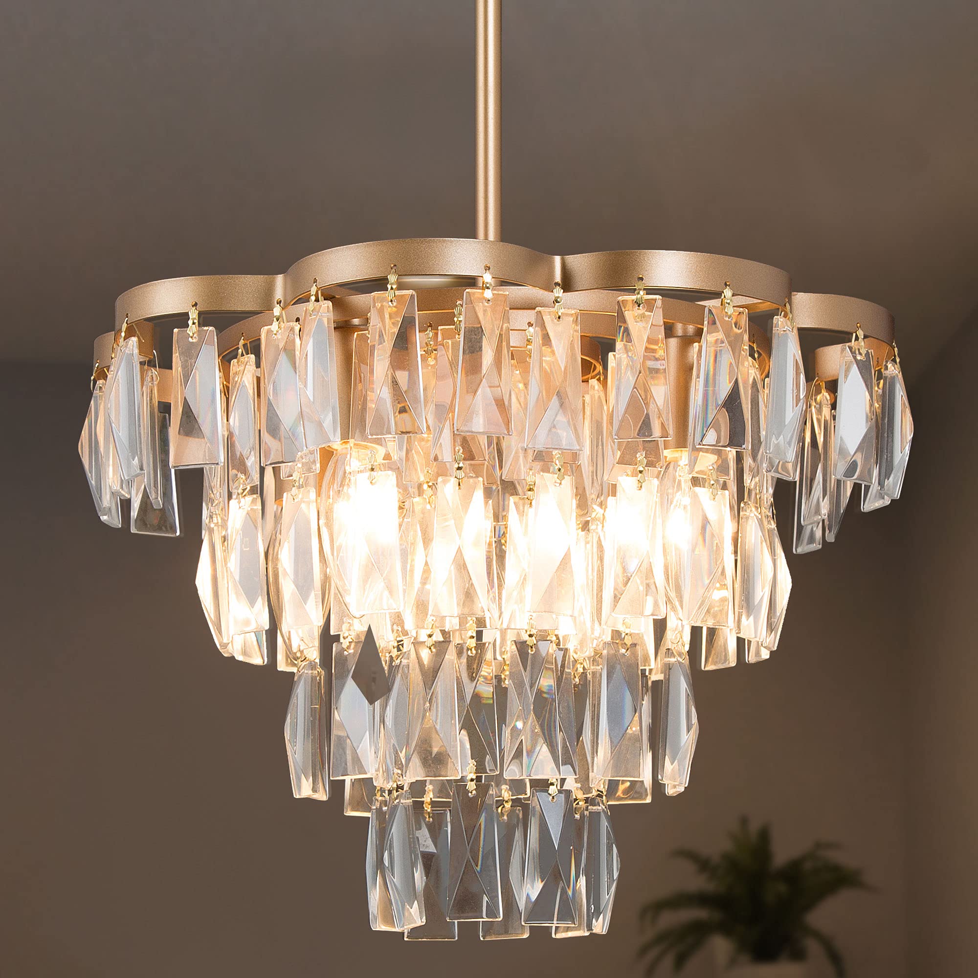 Durent Lighting Gold Crystal Chandelier - 4-Light Modern Tiered Dining Room Ceiling Fixture, 15.5