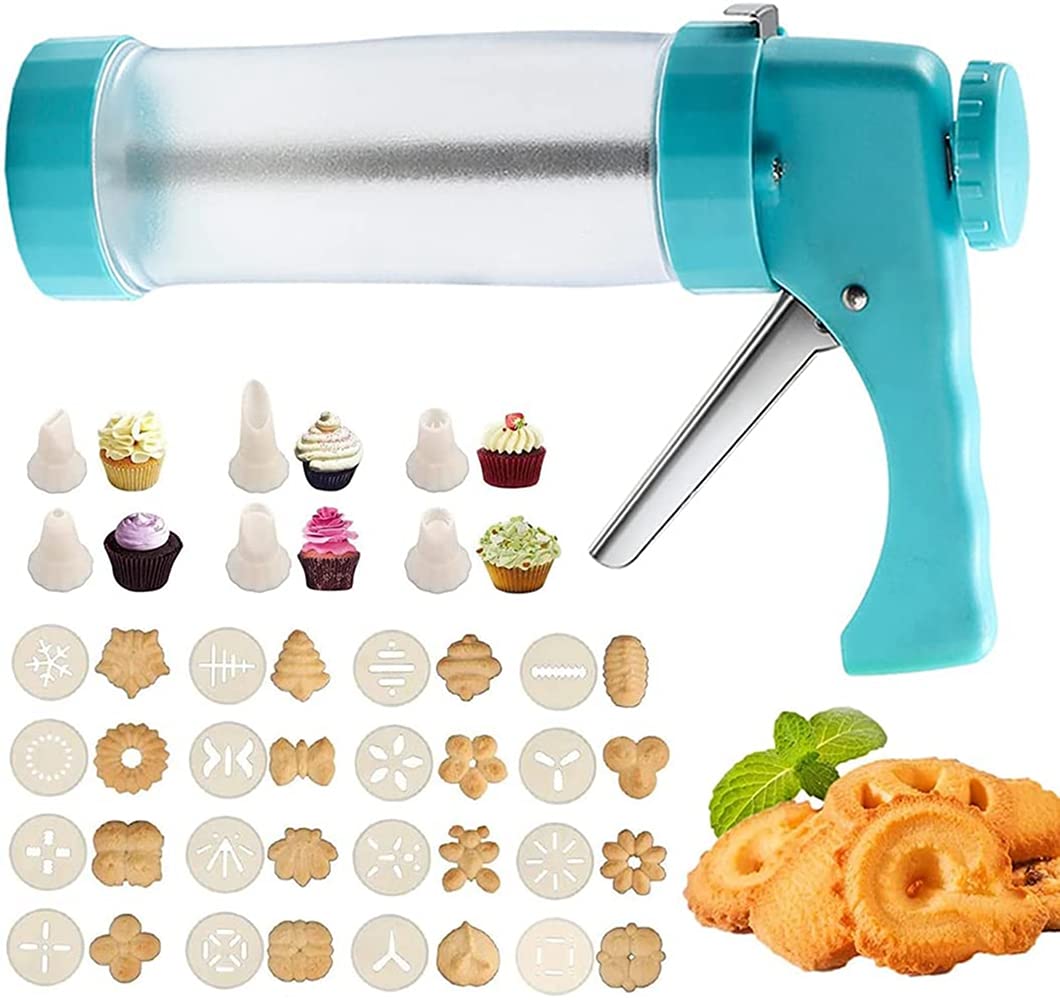 BE-STRONG Cookie Press Gun Kit - 16 Cookie Discs & 6 Nozzles for Baking, Biscuit Making, Cake Decorating - Comfort Grip DIY Cookie Maker (Blue) - Perfect for Holiday Baking, Birthday Parties & Home Dessert Decorations