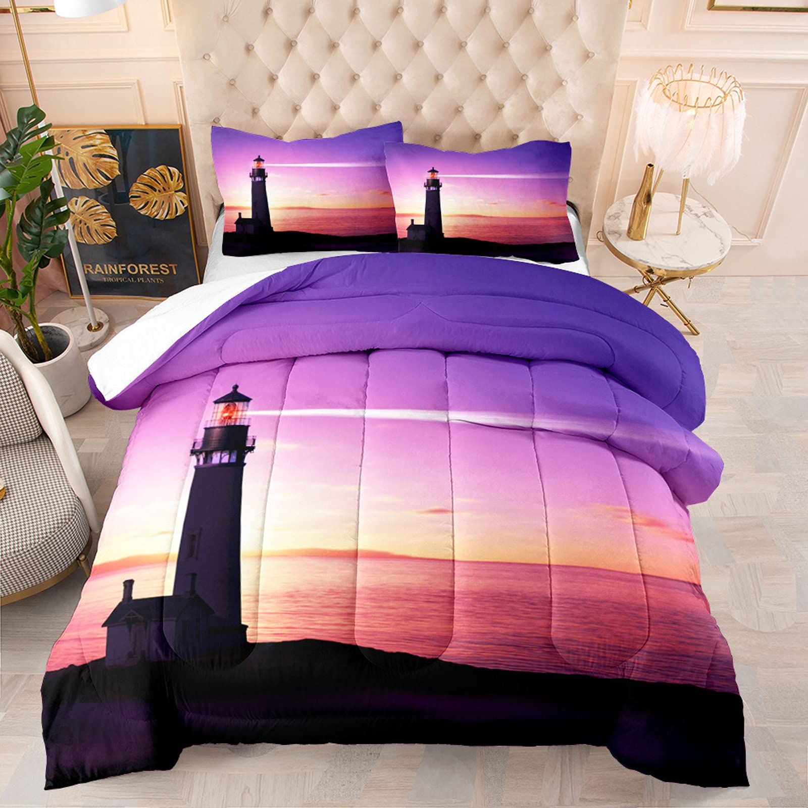 Lighthouse Bed Comforter Set Full Size 3 Piece - Sunset Purple Ocean Sea Theme Bedding with 1 Comforter & 2 Pillow Shams | Coastal Decor for Master Bedroom, Guest Room & Beach House