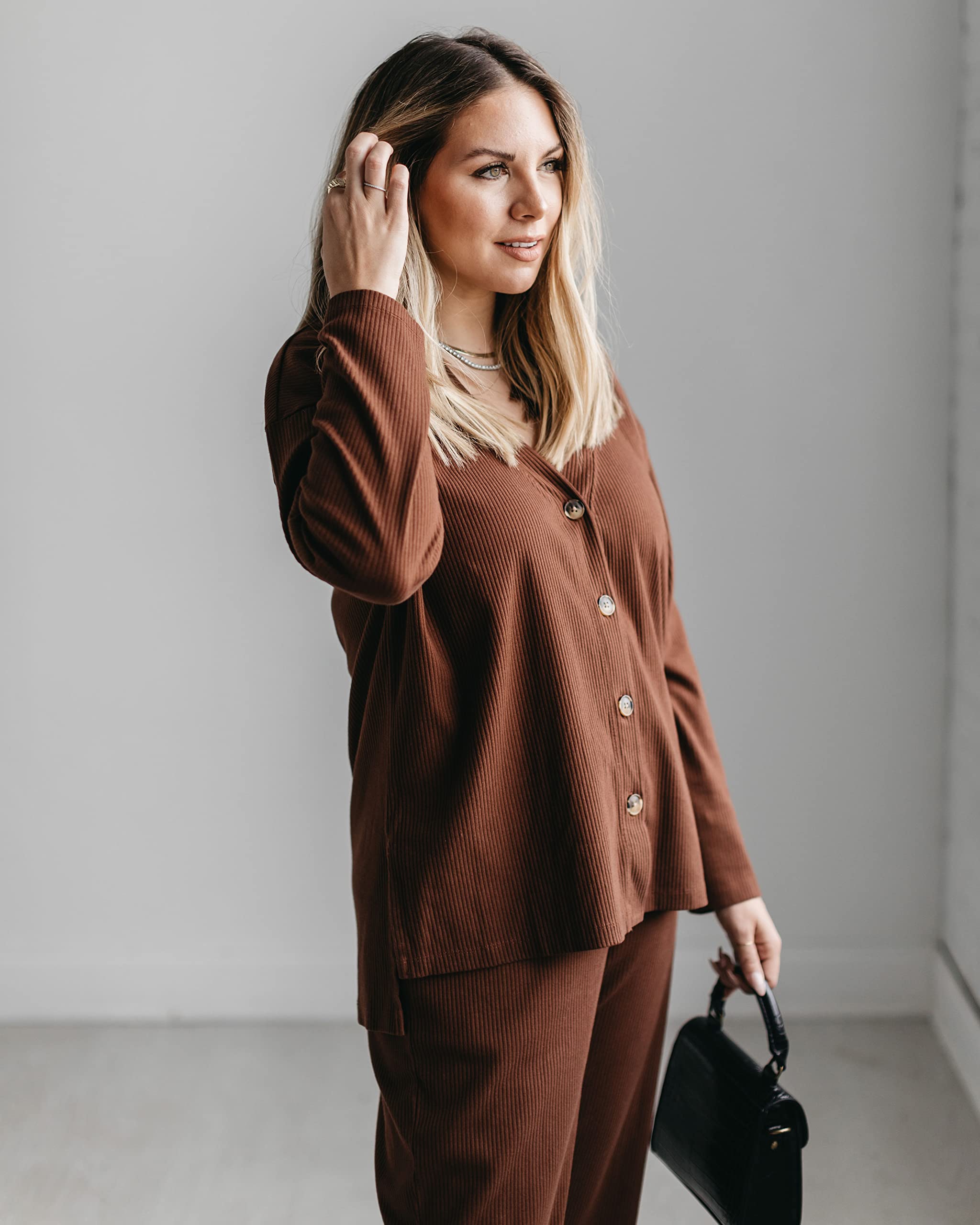 The Drop Women's Chocolate Brown Button Front Ribbed Cardigan Sweater by Ashley Robertson | Cozy Fall & Winter Layering Piece for Work & Casual Outfits