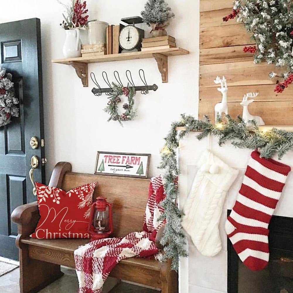 Farmhouse Christmas Throw Pillow Covers 18x18 Inch Set of 4 - Holiday Home Decor for Sofa, Couch & Bed - Cozy Seasonal Living Room & Bedroom Decoration