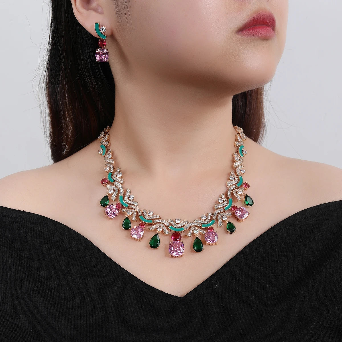 Stunning Multicolored Zirconia Necklace & Earring Set for Women - Perfect Bridal Jewelry & Wedding Gift - Elegant for Parties, Anniversaries & Special Occasions