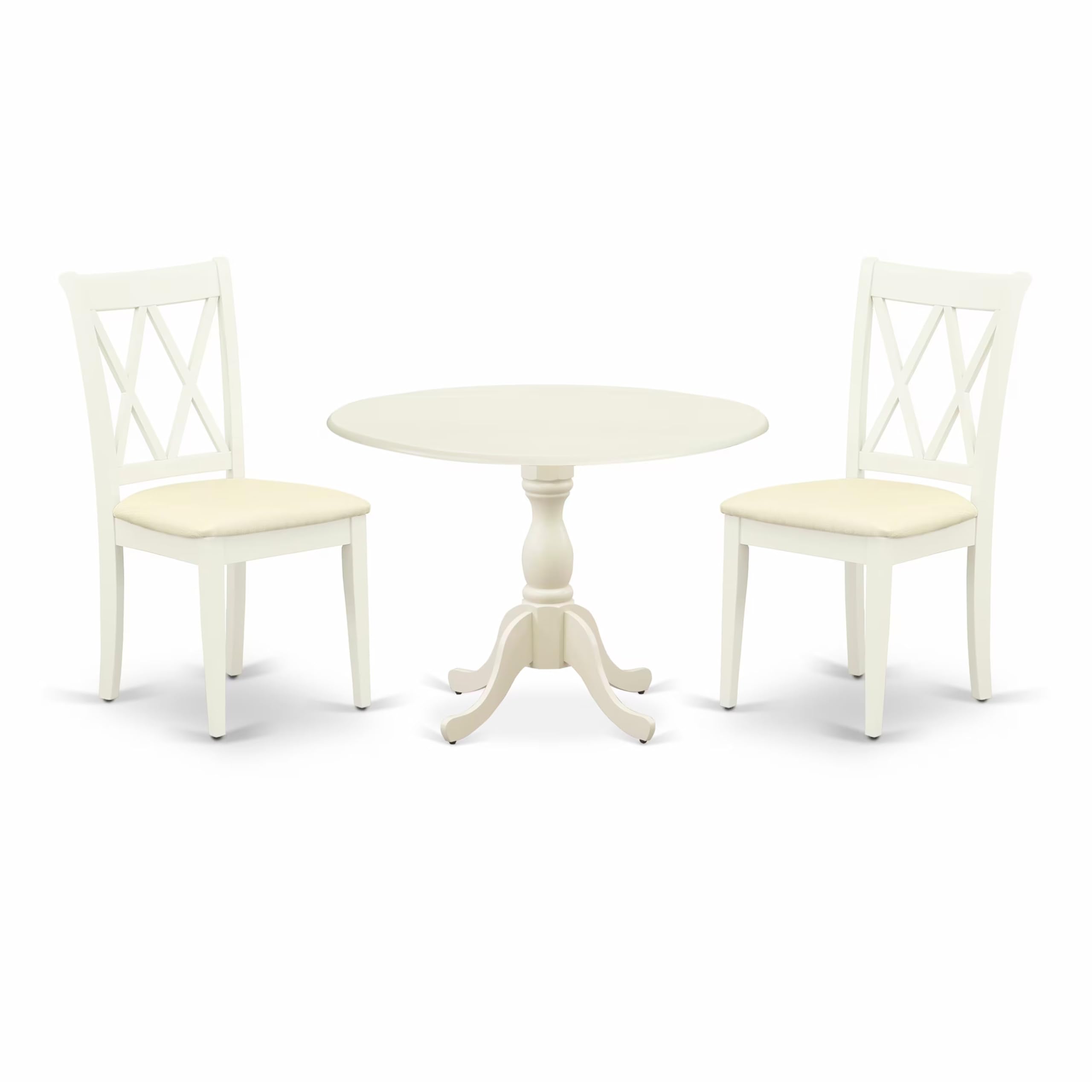 East West Furniture DMCL3-LWH-C 3-Piece Round Kitchen Table Set with Drop Leaf & 2 Upholstered Chairs - Space Saving Dining Set for Small Spaces, 42x42 Inch, Linen White - Perfect for Apartments, Breakfast Nooks & Cozy Dining Areas