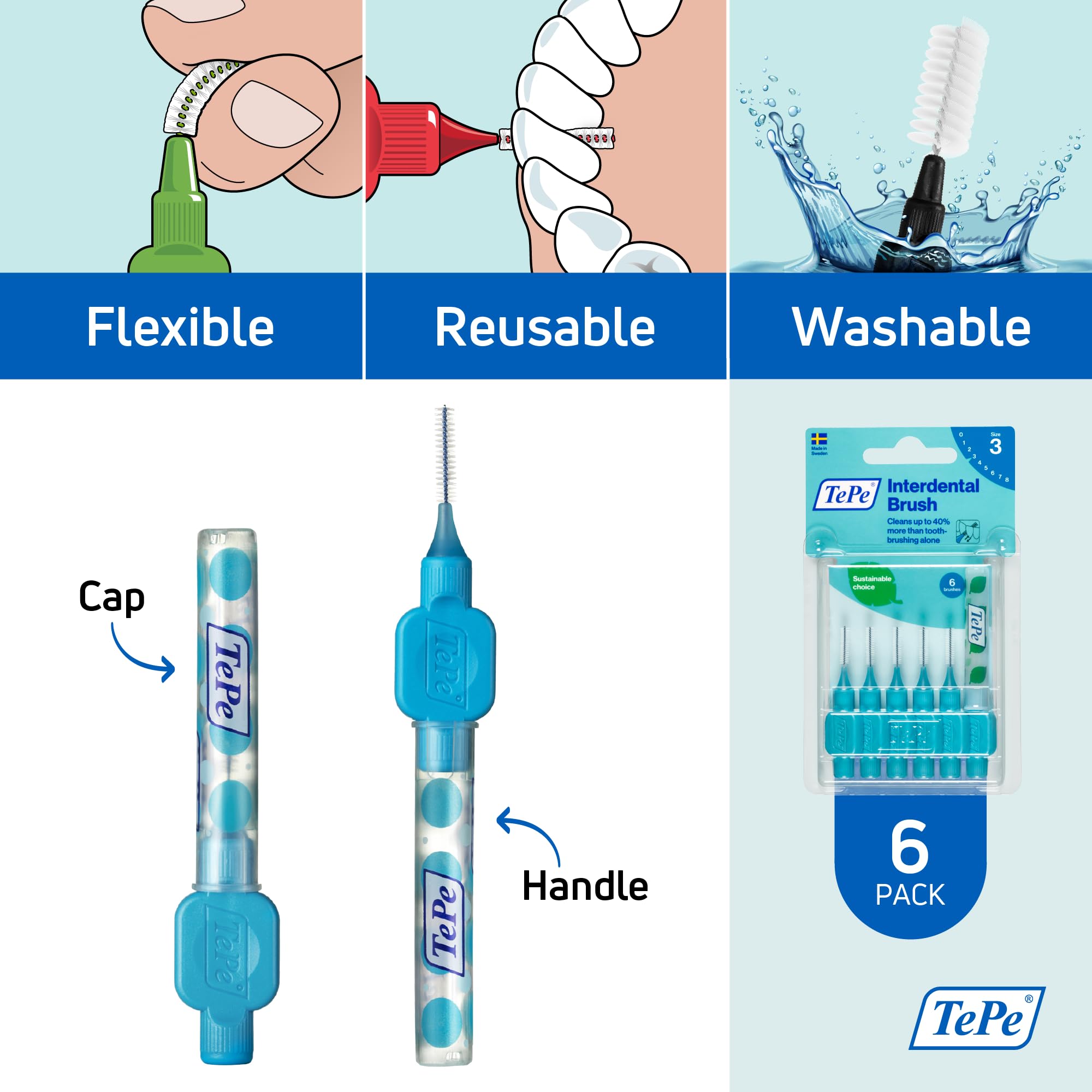 TePe Interdental Brush Original - Soft Dental Brushes for Teeth Cleaning & Gum Care (Pack of 6, 0.6mm, Medium Gaps, Blue, Size 3) - Perfect for Braces, Bridges & Dental Work Aftercare