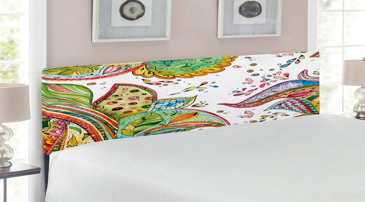 Ambesonne Grunge Upholstered Headboard - Abstract Garden Art Print with Leaf, Flower & Heart Patterns - King Size Decorative Metal Bed Frame with Memory Foam in Green & Orange | Perfect for Bohemian, Vintage & Modern Bedroom Decor