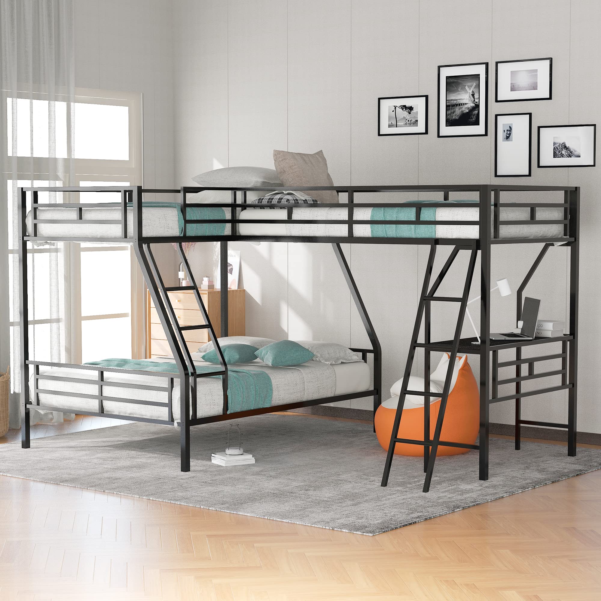 Metal Bunk Bed Frame with Loft & Desk - Twin Over Full for Kids' Bedroom
